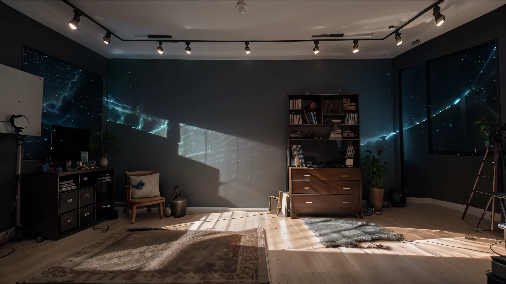 Generate a realistic YouTube studio background. It has a floating shelf with books and modern decoration lights. the room is lighted by dim blue lights and there is a RGB light coming out from the ground. There is a screen on the wall with an image of fire in it. 