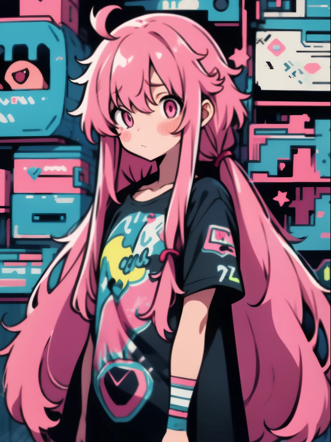hightquality、neon color palette、high-level image quality、Kawaii Girl、Unprecedented amount of drawing、anime styled、Geometric pattern background、sticker style、slong hair、pink hair、violet eyes, messy hair, menhera, bandages, loose clothing, baggy t-shirt, self harm, guro, dark, depressed, eye bags, heavy eyes, pink eyes