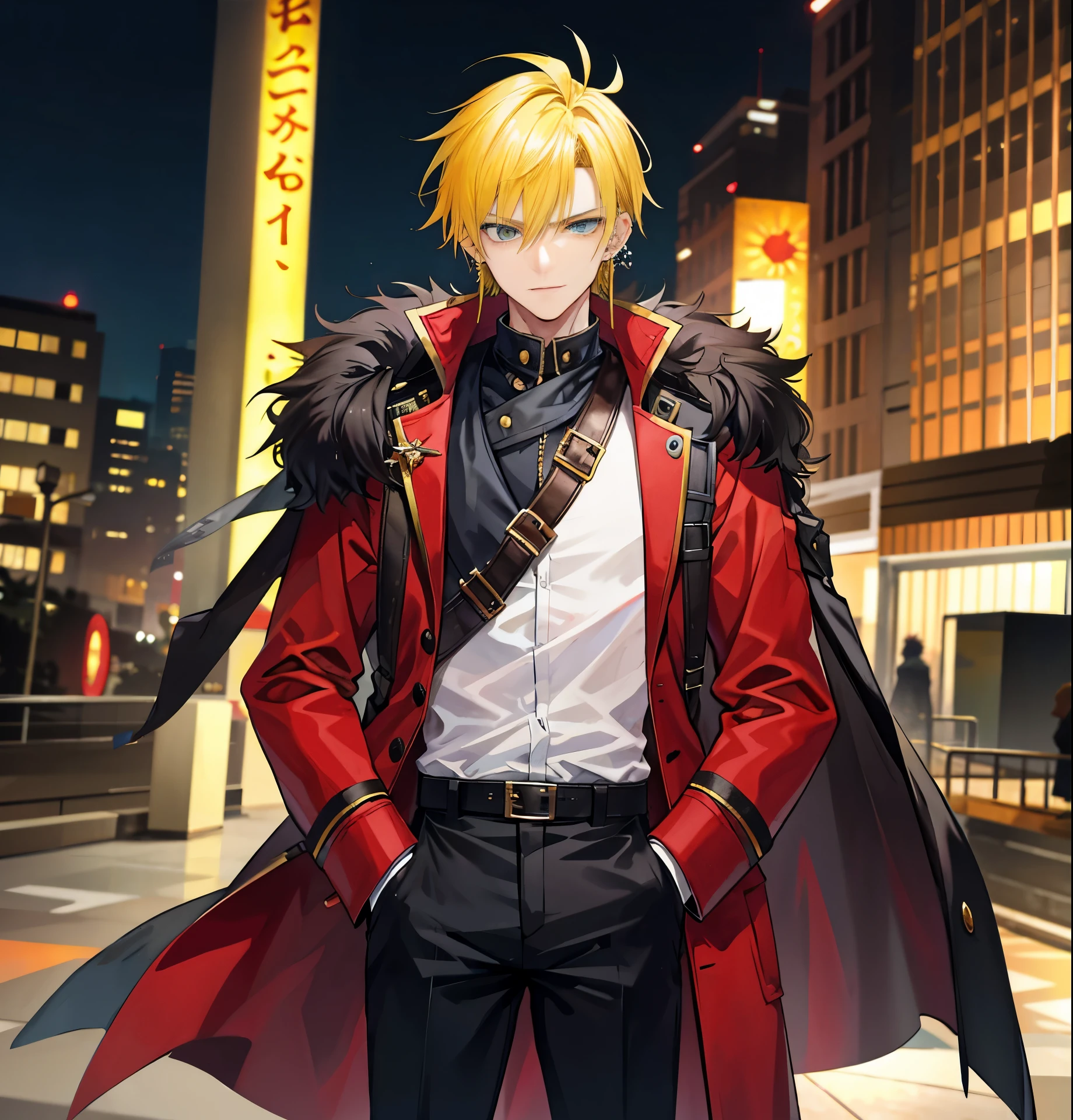 A man,Handsome,Yellow hair, Spiky, nightcity,Sateen,((ear-Ring)), Bandana, Militarry coat large,Put your hands in your pockets,