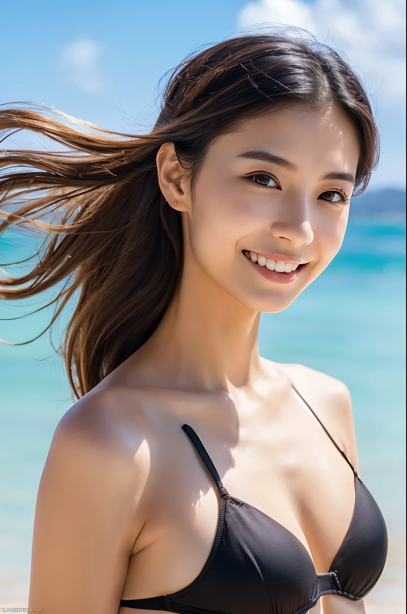 best quality, ultra-detailed, realistic, photo-realistic, professional, vivid colors, masterpiece:1.2, portraits, Japanese woman, beautiful detailed face, expressive eyes, perfect complexion, flowing black hair, delicate features, alluring smile, slim figure, elegant posture, wearing a black bikini, standing on a sandy beach, clear blue sky, crystal clear water, gentle waves, golden sunlight, natural lighting, soft shadows, tranquil atmosphere