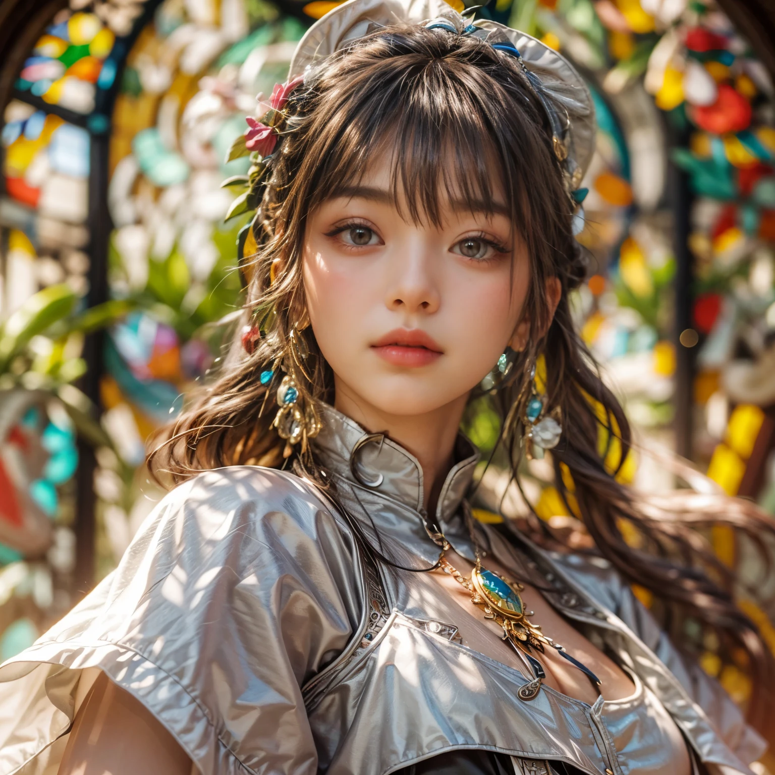 KAWAII girl in ((WHITE)) (loose opened uniform), with Glossy RED lips, (Exposed:0.7), (nipple:-1), { Extremely closeup | Dynamic-angle }, ((Dazzling stained glass Background)), (( colorful Light pours down from stunning elaborate stained glass:1.2)), vivid Red colors . ((Acutance:0.8, physically-based 3D rendering with Volumetric lighting)), (masterpiece:1.2), (ultra-detailed:1.35), (realistic, photorealistic, ((photo-realistic:1.37))with touch of rawness) . ((Renbutsu Misako)), (Extremely detailed KAWAII face variations, with Dynamic expressions), detailed eyes with sparkling highlights, captivating gaze, long eyelashes, subtle blush on the face, rosy cheeks, impeccable ivory skin texture . { full of flowers covering girl's body | Mystic sight | God rays | haze | Light Particle | Luminous Particle | Lens Flare | A Halo in the air | Overflowing underboob | Button Undoned } . (((Unaligned fingers:-0.9))) .