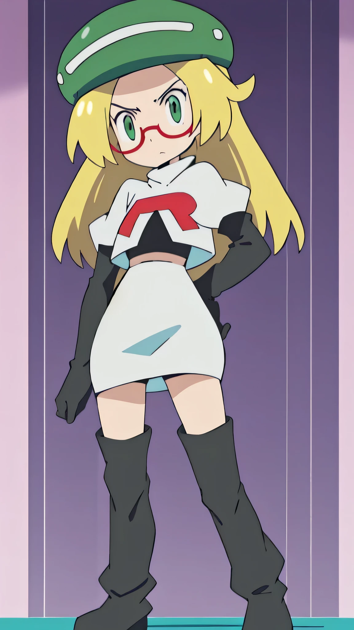 masterpiece, best quality, highres,team rocket uniform, red letter r, white skirt, white crop top, black thigh-high boots, black elbow gloves, glaring angrily, looking at viewer, hands on hips, full body seen, zettai ryouiki, Bianca, green hat, glasses