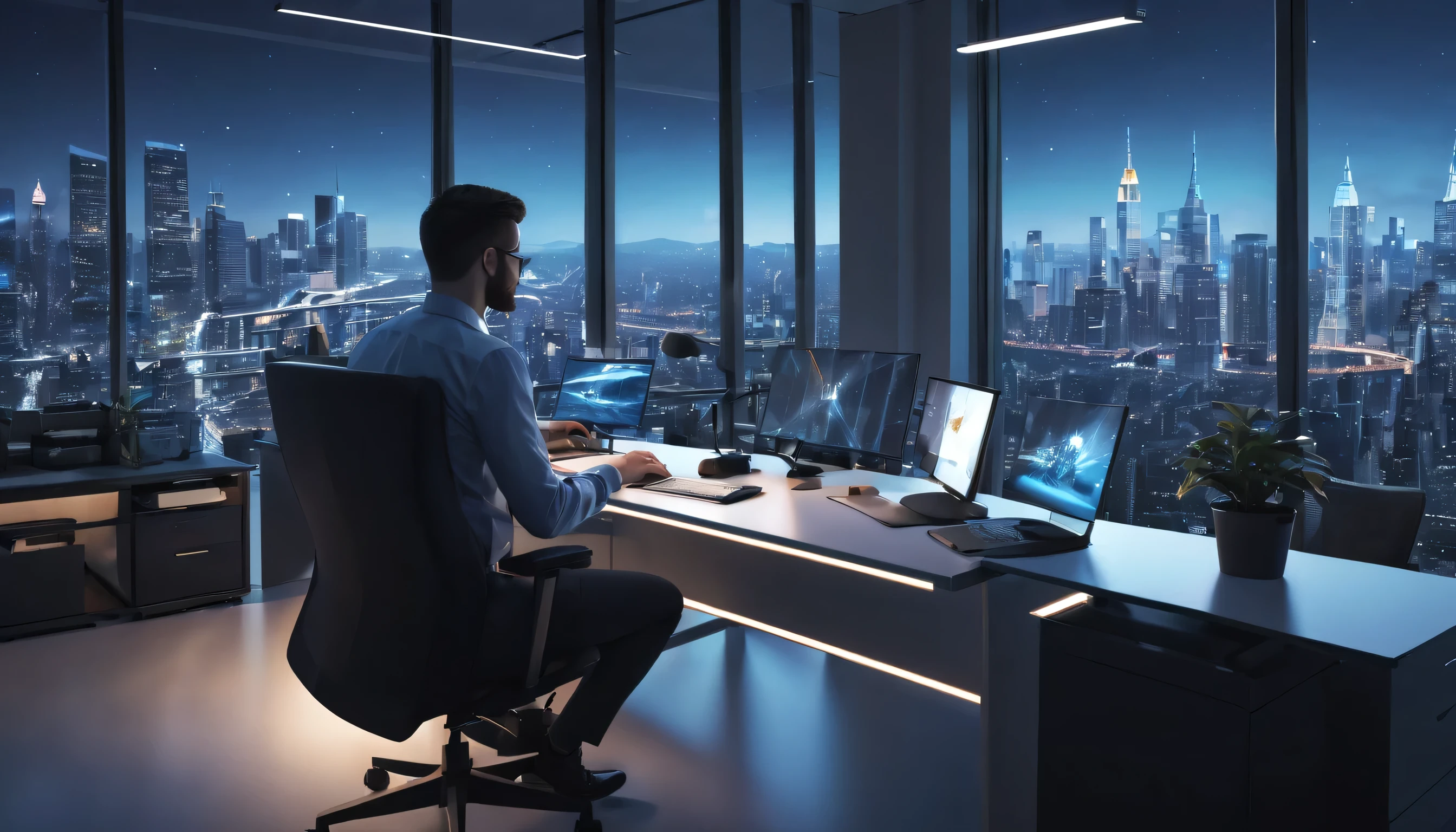 (best quality,4k,8k,highres,masterpiece:1.2),ultra-detailed,(realistic,photorealistic,photo-realistic:1.37),man working on a laptop in a modern office at night,contemporary office space,high-tech desk and chair,computer monitor with glowing screen,keyboard and mouse on the desk,blue LED lights illuminating the workspace,cityscape visible through the office window,reflections of city lights on the glass,modern architecture,slim and sleek design,impeccable interior decoration,minimalist aesthetic,futuristic atmosphere,sophisticated technology,ambient lighting,calm and serene environment,professional setting,quiet and focused atmosphere,organized workspace,elegant and comfortable office furniture,ergonomic design,attention to detail,seamless integration of technology and design,advanced equipment,state-of-the-art office setup,efficient work environment,productive and collaborative space,modern work-life balance,dedicated and motivated employee,late-night work commitment,professionalism and dedication,modern work culture,technology-driven business,innovation and creativity,inspiration and productivity,transparency and openness,workplace motivation,teamwork and collaboration,harmonious and inspiring environment