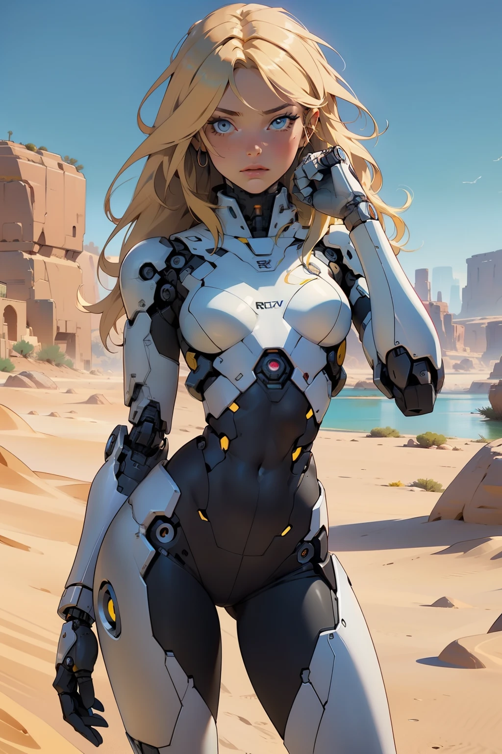 high quality, 4k, masterpiece, beautiful, cyborg girl, cowboy shot, dull eyes, looking at viewer, long blonde hair, girl, small breasts, slim thighs, robotic arms, robotic body, cyborg body, yellow accent, intricate detail, joint, detailed lines, robotic detail, holding fist up, holding hand up as fist, color robotic parts, robotic parts with color, perfect fingers, on a desert planet, sunny background, colorful desert, a river or a lake in the background