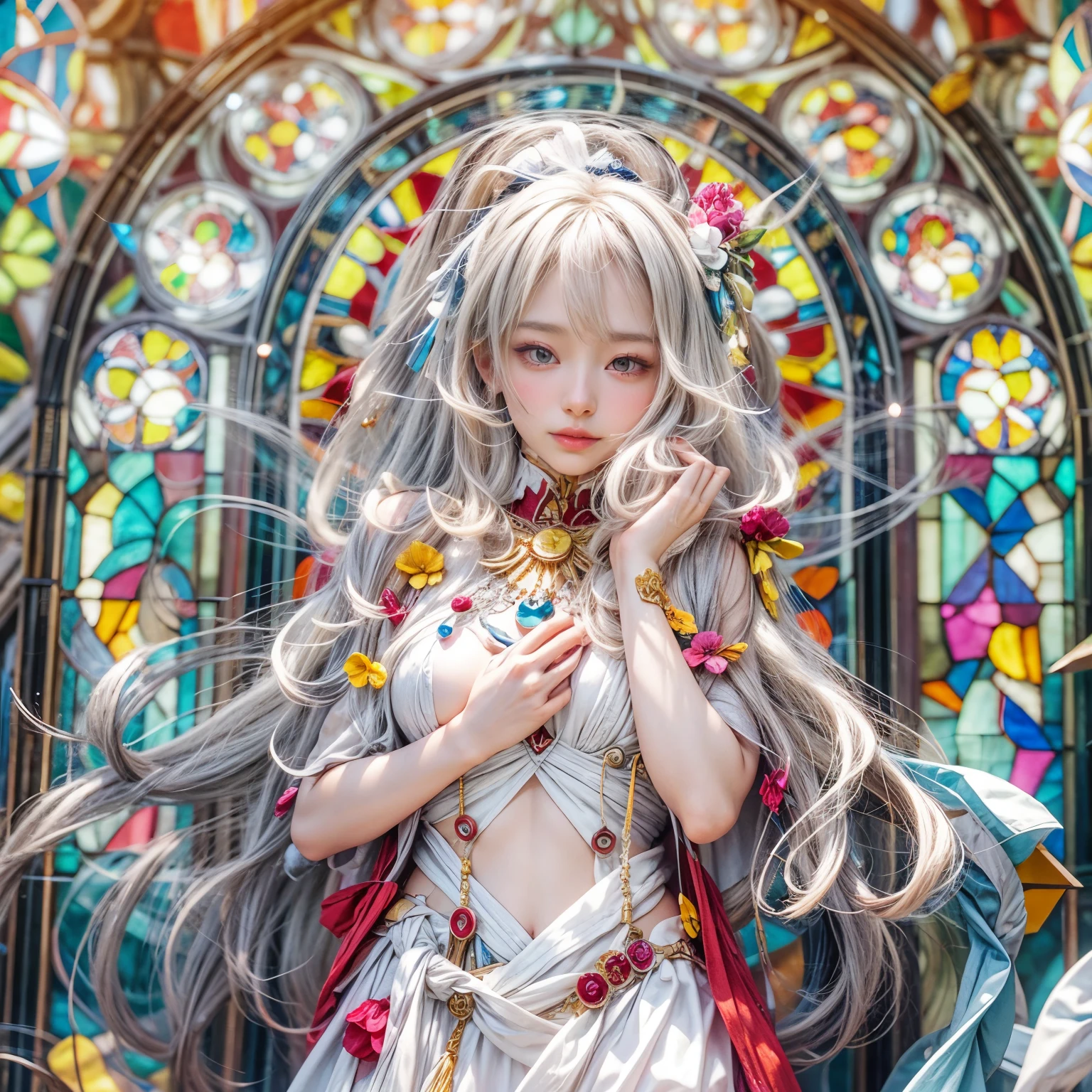 KAWAII girl in ((WHITE)) (loose opened uniform), with Glossy RED lips, (Exposed:0.7), (nipple:-1), { Extremely closeup | Dynamic-angle }, ((Dazzling stained glass Background)), (( colorful Light pours down from stunning elaborate stained glass:1.2)), vivid Red colors . ((Acutance:0.8, physically-based 3D rendering with Volumetric lighting)), (masterpiece:1.2), (ultra-detailed:1.35), (realistic, photorealistic, ((photo-realistic:1.37))with touch of rawness) . ((Renbutsu Misako)), (Extremely detailed KAWAII face variations, with Dynamic expressions),  detailed eyes with sparkling highlights, captivating gaze, long eyelashes, subtle blush on the face, rosy cheeks, impeccable ivory skin texture . { full of flowers covering girl's body | Mystic sight | God rays | haze | Light Particle | Luminous Particle | Lens Flare | A Halo in the air | Overflowing underboob | Button Undoned } . (((Unaligned fingers:-0.9))) .