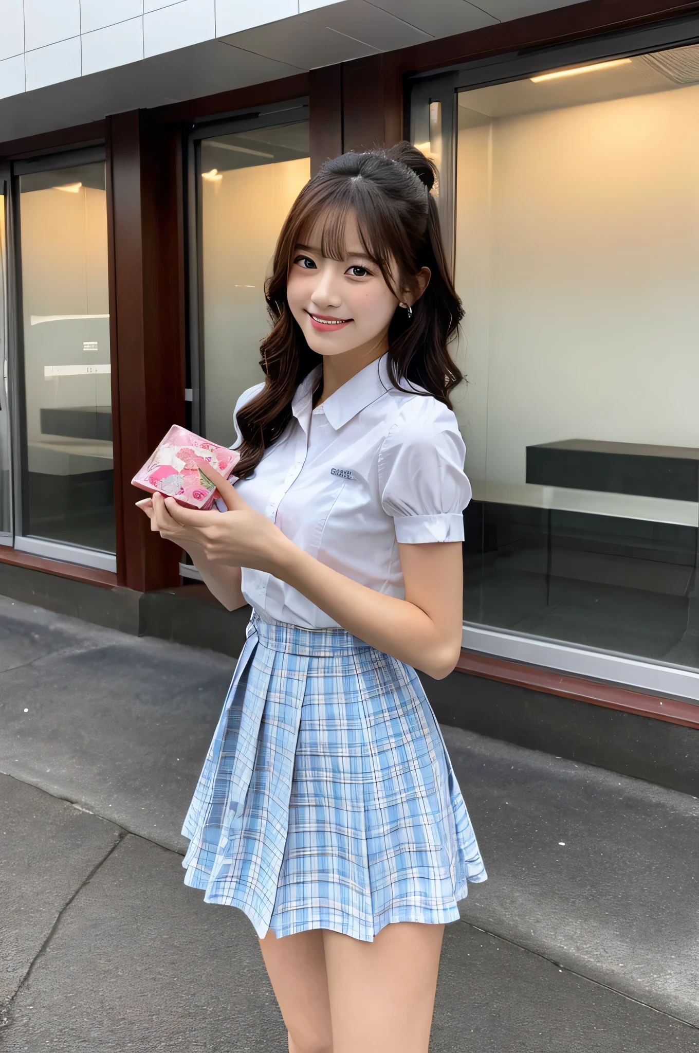 Hold Valentine&#39;s Day&#39;s day chocolate in both hands、She is wearing a light blue plaid miniskirt and a white dress shirt.、High school girl 18 years old