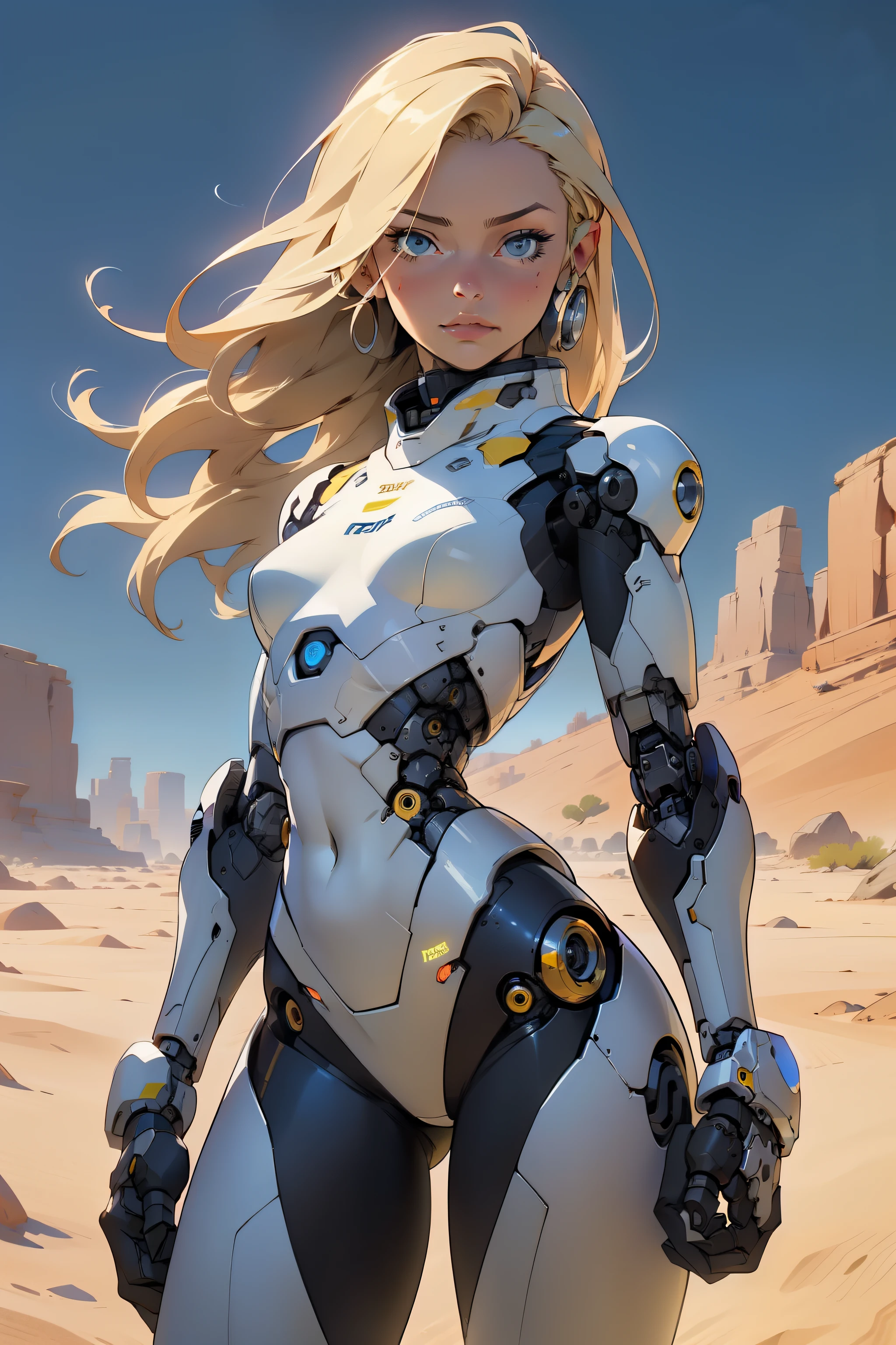 high quality, 4k, masterpiece, beautiful, cyborg girl, cowboy shot, dull eyes, looking at viewer, long blonde hair, girl, small breasts, slim thighs, robotic arms, robotic body, cyborg body, yellow accent, intricate detail, joint, detailed lines, robotic detail, holding fist up, holding hand up as fist, color robotic parts, robotic parts with color, perfect fingers, on a desert planet, sunny background, colorful desert, a river or a lake in the background