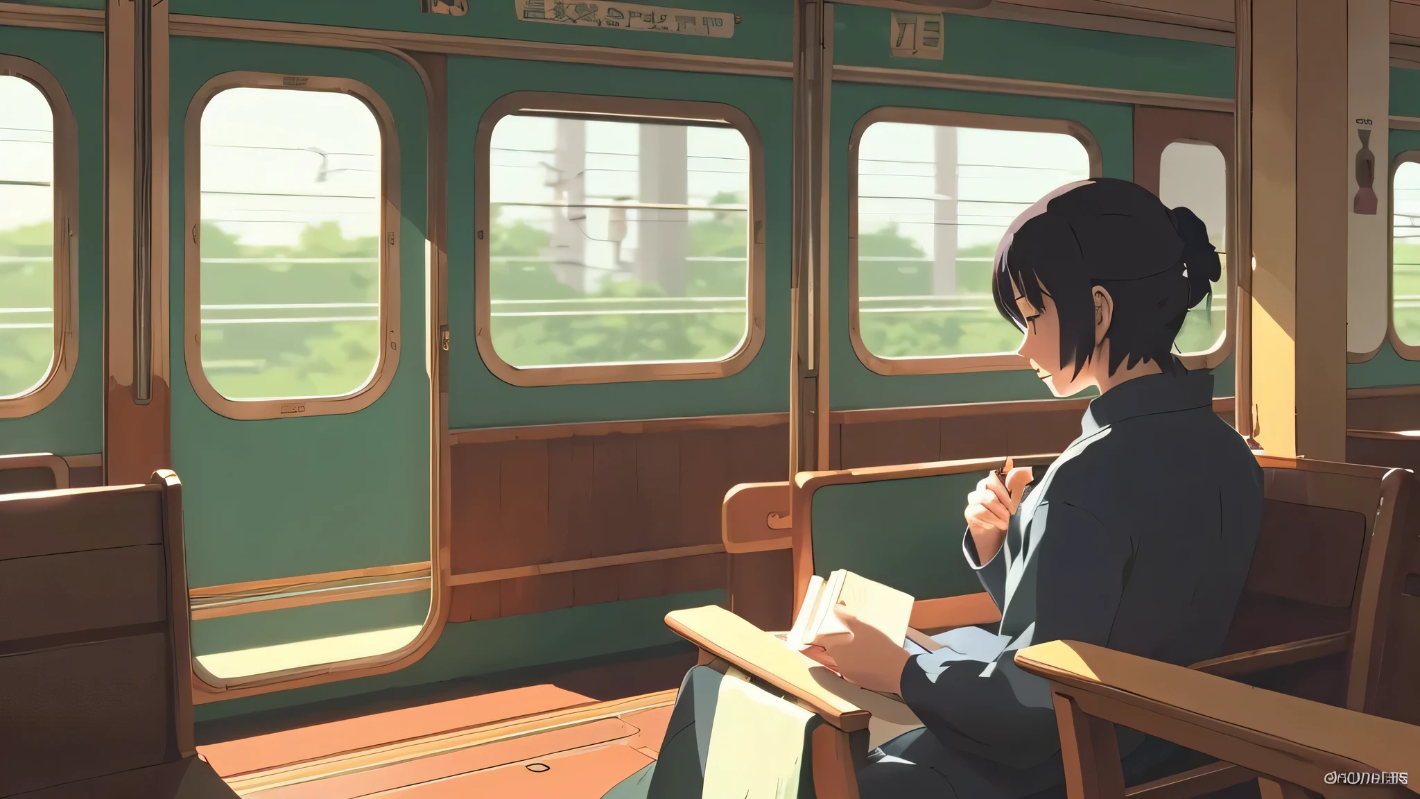 train(wooden chair)Beautiful anime eyes beauty sitting and reading a book, makoto shinkai Style, visual novel cg, Ghibli Anime Style( ( makoto shinkai ) ), makoto shinkai'art style, makoto shinkai!,Ghibli anime style, ; visual novel, Drawn at Anime Painter Studio, visual novel、Background is Ghibli anime style