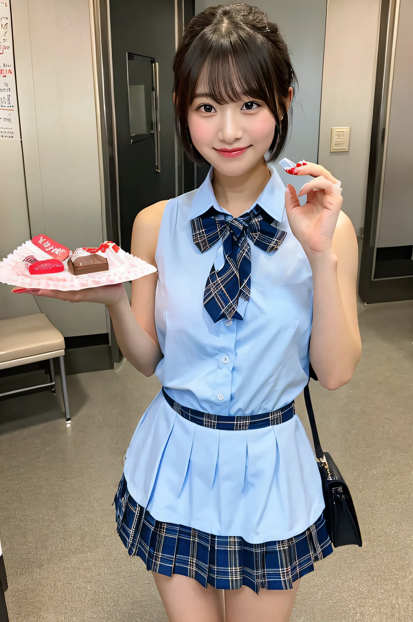 Hold Valentine's Day's day chocolate in both hands、She is wearing a light blue plaid miniskirt and a white dress shirt.、High school girl 18 years old(black short bob)