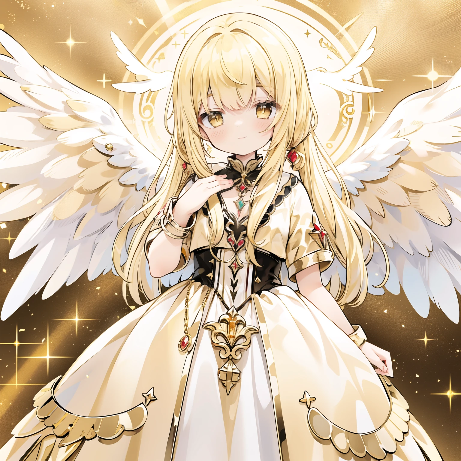 masterpiece, best quality, extremely detailed, anime, girl, , absurdres, highres, 1girl, solo, cowboy shot,
(long wavy hair), (blonde hair:1.3), (golden eyes:1.2),
smile, closed mouth, open wings,
(princes dress:1.3), (golden wings:1.3), (golden angel),shining angel ring:1.7,
(golden effect:1.5), (golden background:1.5),, twin tails,  （reacing outflowerｓ：1.3）




