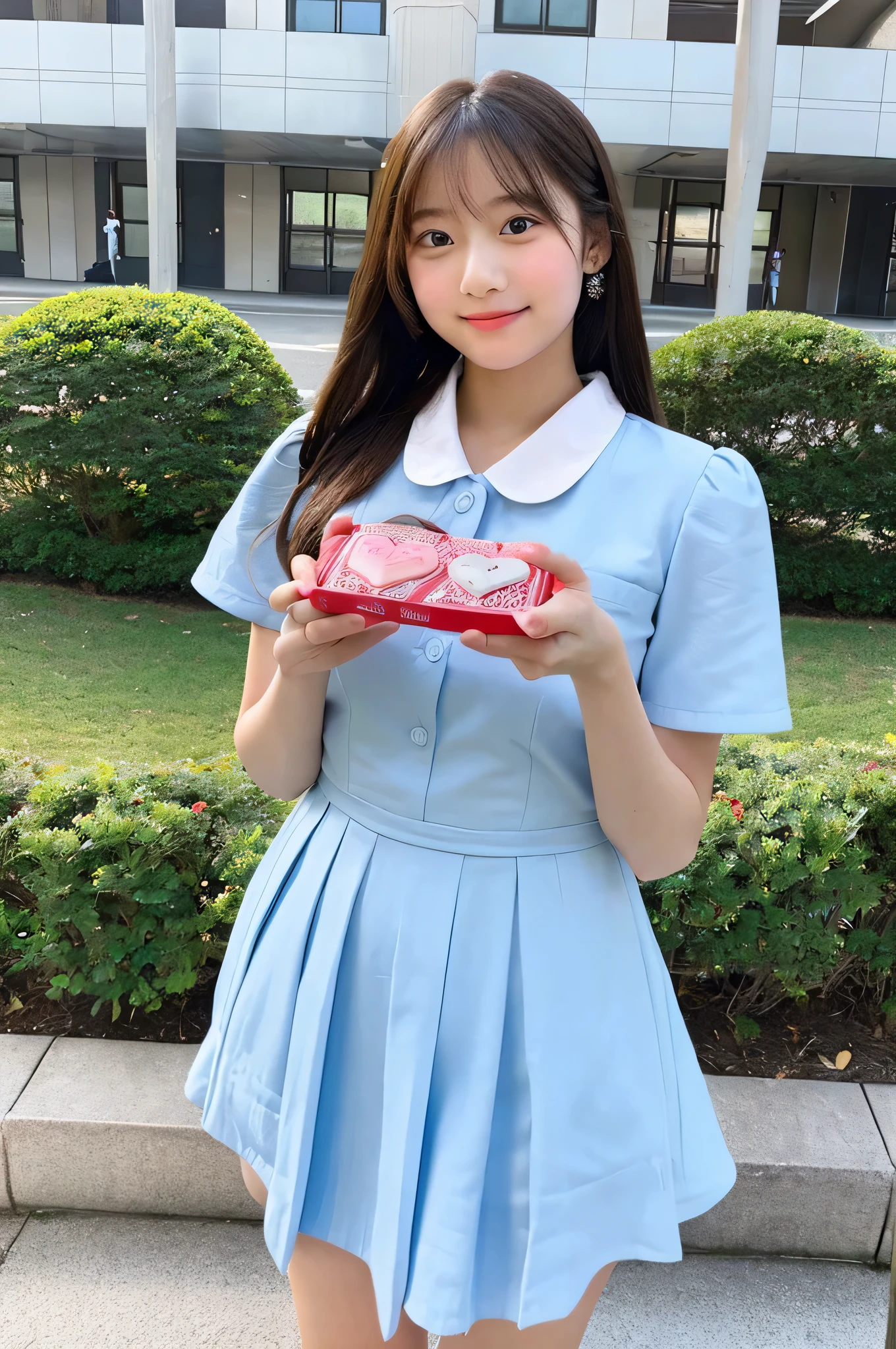 Hold Valentine's Day's day chocolate in both hands、She is wearing a light blue miniskirt and a white dress shirt.、High school girl 18 years old