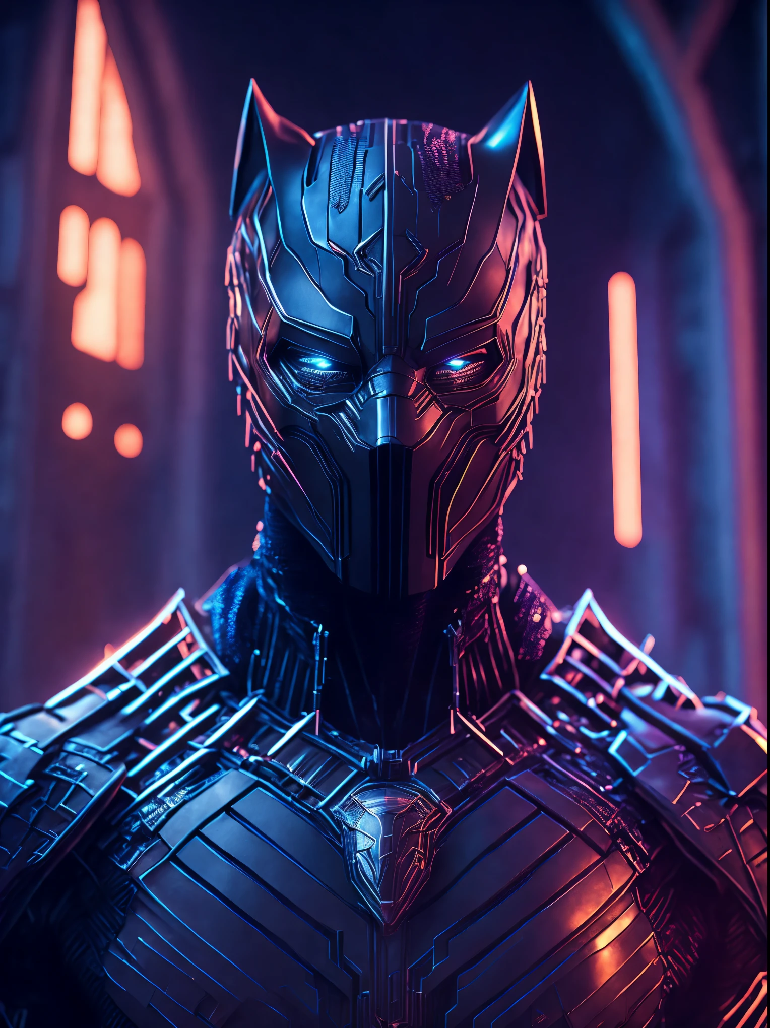 somber portrait of Terminator Black Panther from Marvel with intricate angular cybernetic implants inside a brutalist building, gothic brutalist cathedral, cyberpunk, award-winning photo, bokeh, neon lights, cybernetic limb