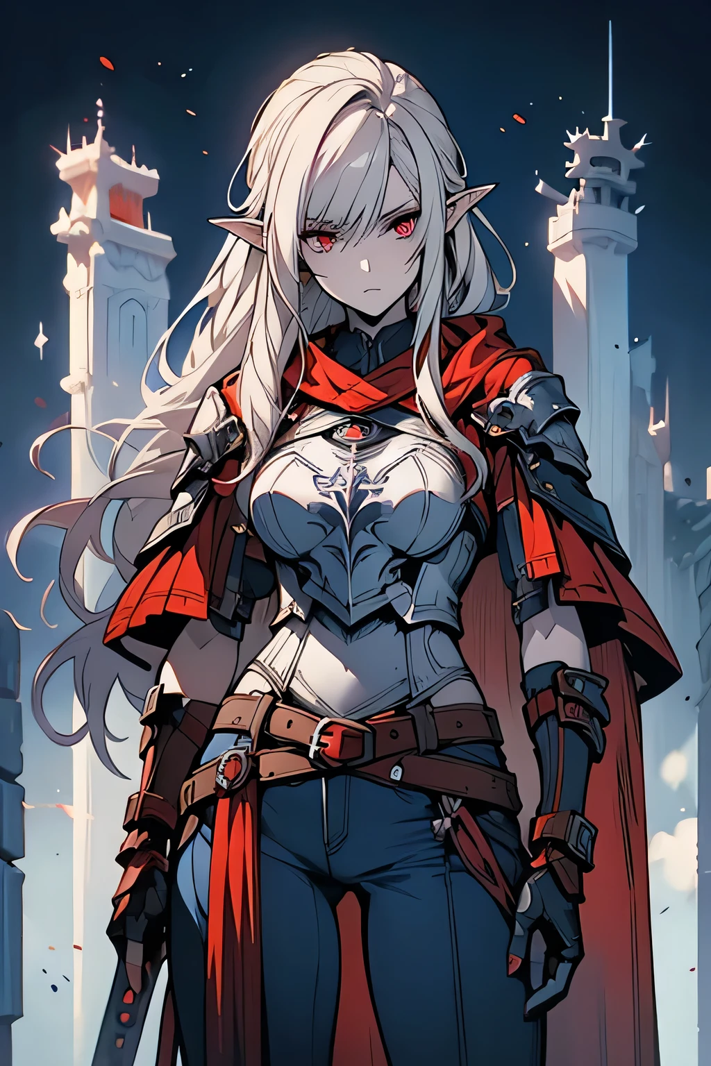 Pale blue skin, female, lean, silver hair, red eyes, dark cloak, magic, dark elf, 1girl, looking at viewer, leather outfit, blue skin, purple skin, pale, Scale breastplate, hide pants