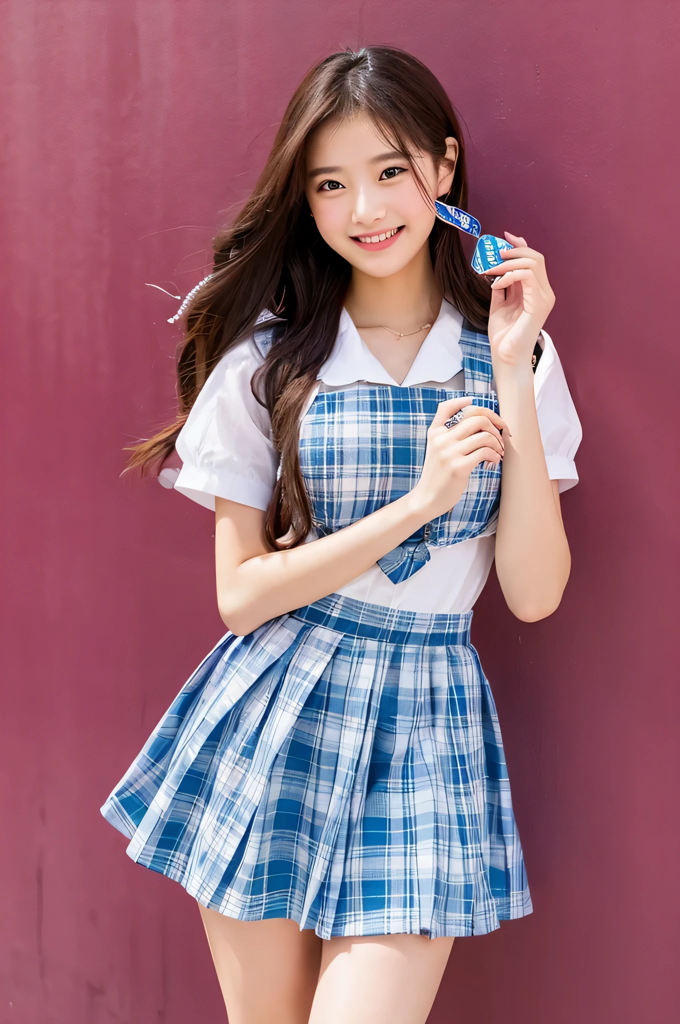 An 18-year-old high school girl wearing a super miniskirt with a light blue plaid pattern and a white dress shirt..、Hold Valentine's Day's day chocolate in both hands
