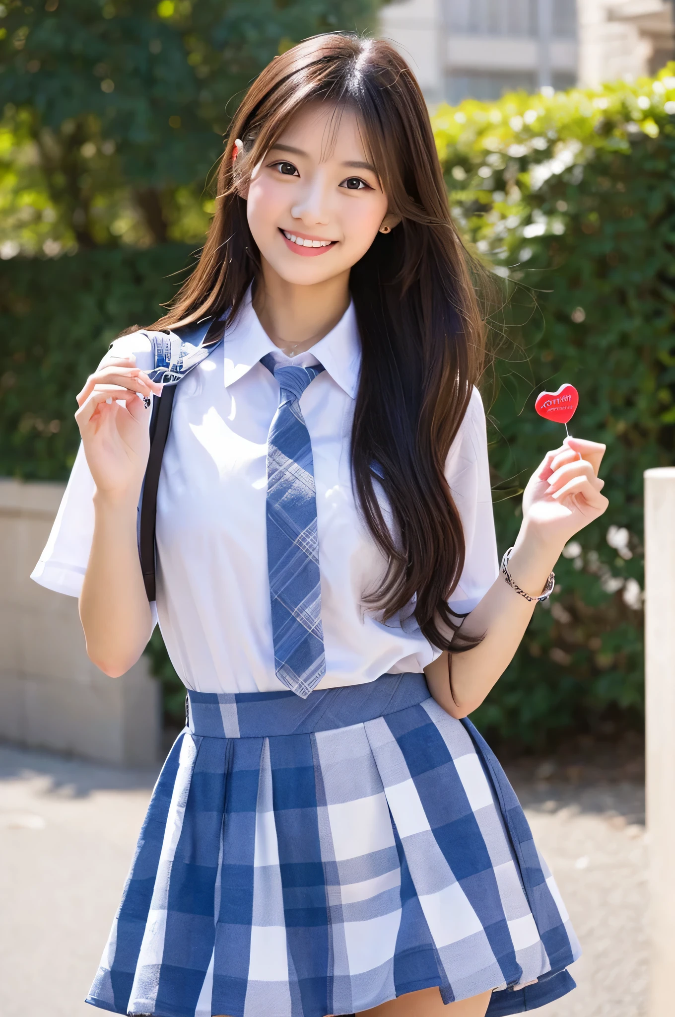 An 18-year-old high school girl wearing a super miniskirt with a light blue plaid pattern and a white dress shirt..、Hold Valentine&#39;s Day&#39;s day chocolate in both hands