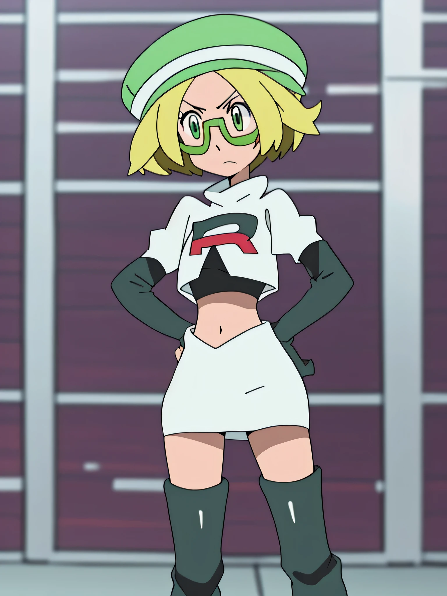 masterpiece, best quality, highres,team rocket uniform, red letter r, white skirt, white crop top, black thigh-high boots, black elbow gloves, glaring angrily, looking at viewer, hands on hips, full body seen, zettai ryouiki, Bianca, green hat, glasses contrapposto