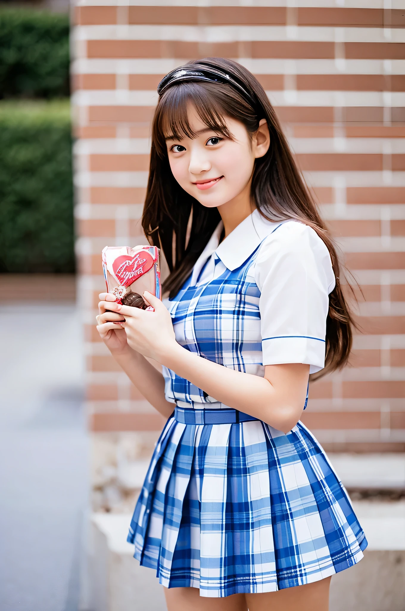 Hold Valentine&#39;s Day&#39;s day chocolate in both hands、She is wearing a light blue plaid miniskirt and a white dress shirt.、High school girl 18 years old