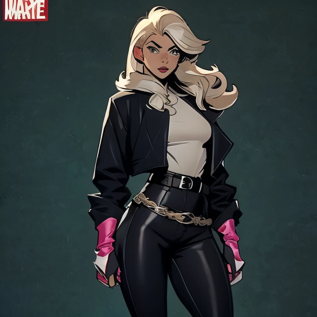 girl 24 years old with white long hair in a ponytail, green eyes,wide trousers, large belt, tight sport shirt, open long black coat, black boots. Comic style
