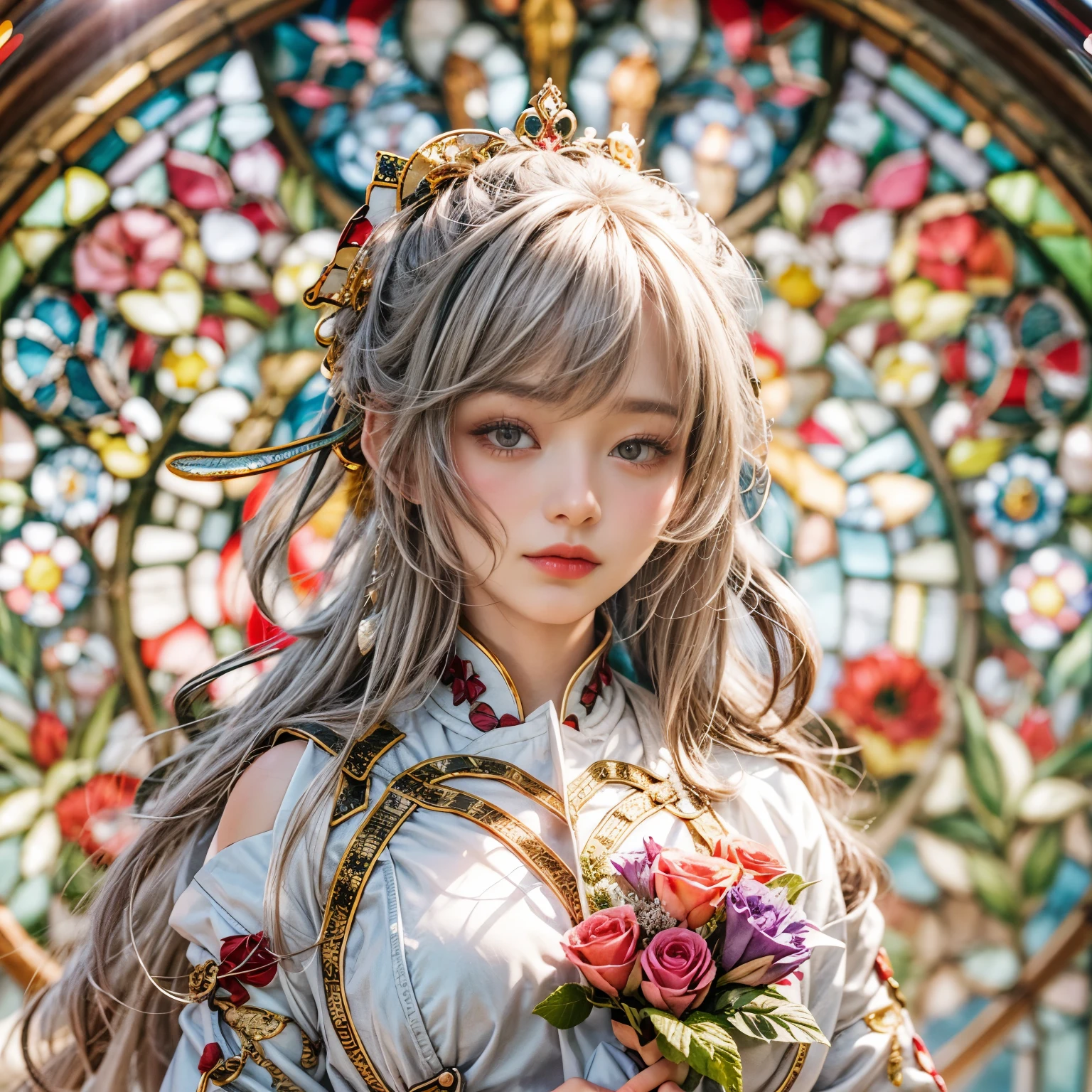 KAWAII girl in ((WHITE)) (loose opened uniform), with Glossy RED lips, (Exposed:0.7), (nipple:-1), { Extremely closeup | Dynamic-angle }, ((Dazzling stained glass Background)), (( colorful Light pours down from stunning elaborate stained glass:1.2)), vivid Red colors . ((Acutance:0.8, physically-based 3D rendering with Volumetric lighting)), (masterpiece:1.2), (ultra-detailed:1.35), (realistic, photorealistic, ((photo-realistic:1.37))with touch of rawness) . ((Renbutsu Misako)), (Extremely detailed KAWAII face variations, with Dynamic expressions), detailed eyes with sparkling highlights, captivating gaze, long eyelashes, subtle blush on the face, rosy cheeks, impeccable ivory skin texture . { full of flowers covering girl's body | Mystic sight | God rays | haze | Light Particle | Luminous Particle | Lens Flare | A Halo in the air | Overflowing underboob | Button Undoned } . (((Unaligned fingers:-0.9))) .