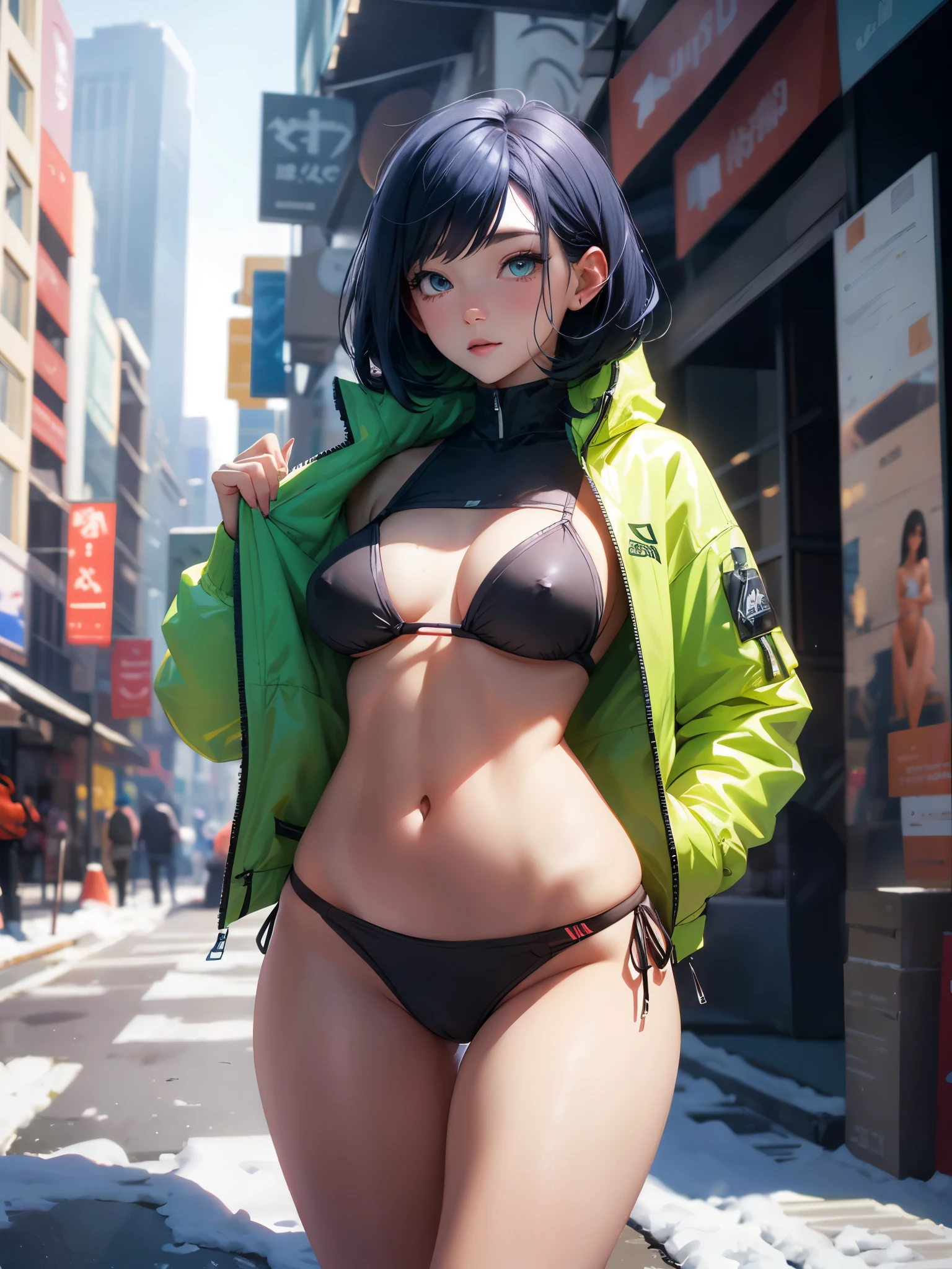 best quality,ultra high resolution,1 girl,alone,whole body,snow,City,, blue hair,green eyes,Jie Kang,wear bikini,