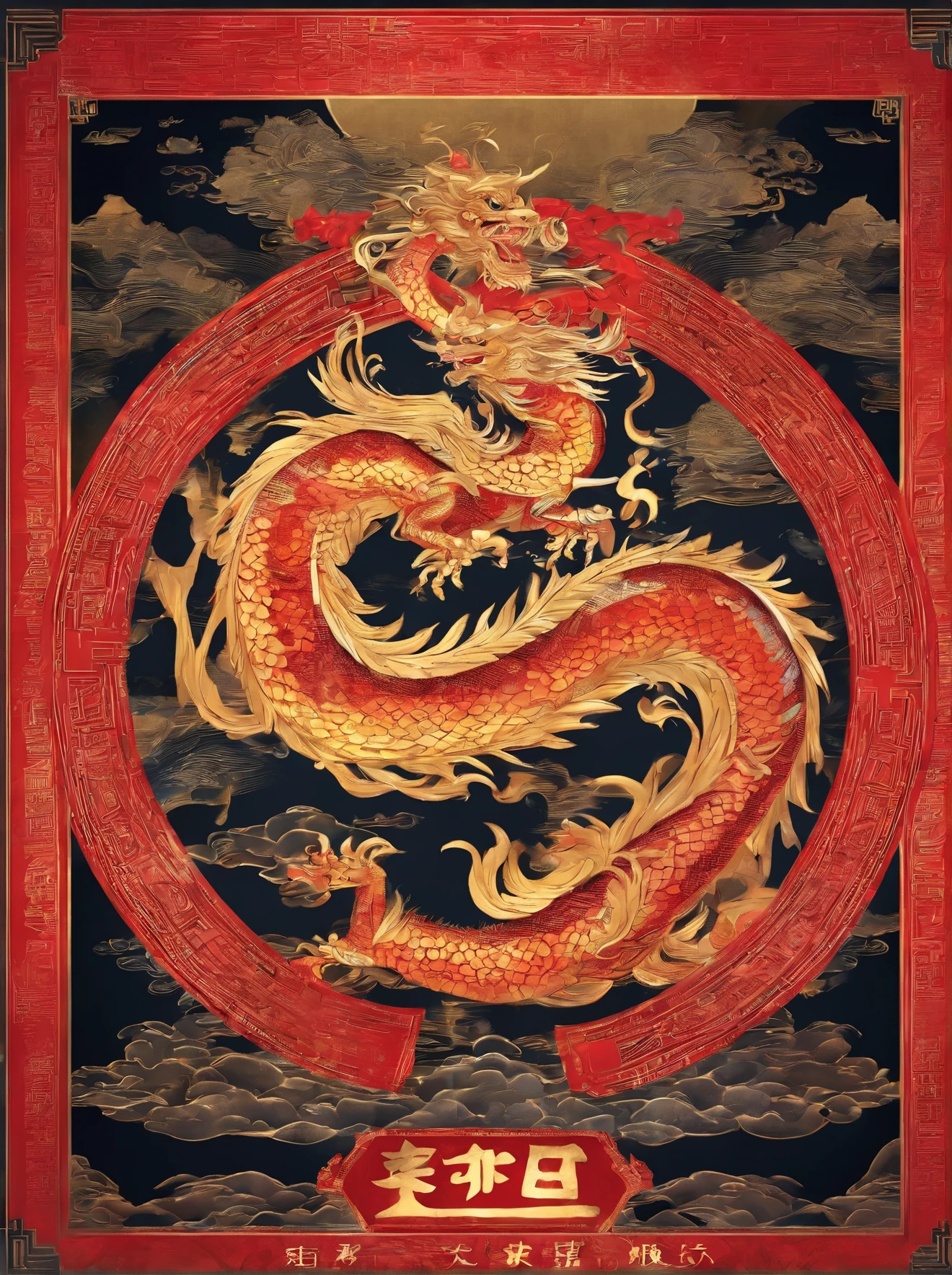 Chinese style elements,Oriental dragon image, Blessed by the Dragon,The dragon is praying,Soar into the sky, There are colorful lights everywhere, They were delighted, (high contrast), (The era of fantasy world), People are shopping happily, New Year atmosphere, (Ray tracing, global illumination), (masterpiece:1.4), (energetic:1.2), Normal, complex,Rich in details, (Super detailed CG unified 8k wallpaper)
