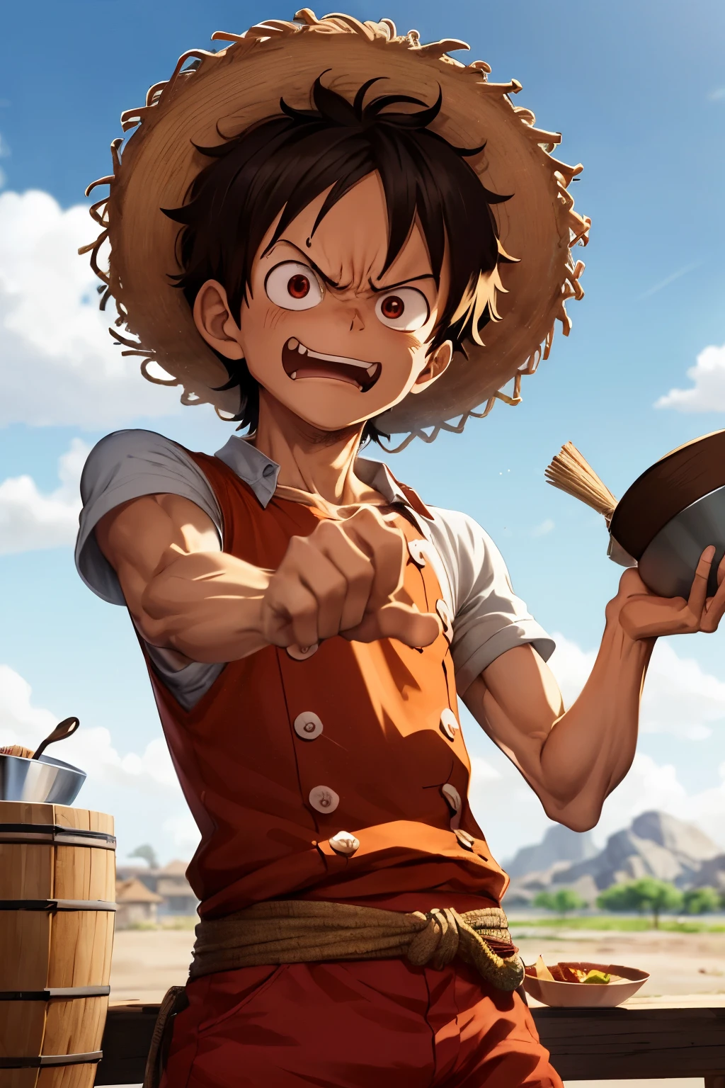 Illustration de 1boy, wanostyle, monkey d luffy, angry look, ((animated)), chapeau de paille, ((colored)), 8K, ((chef-d'artwork)), HDR, very detailed, professionnel