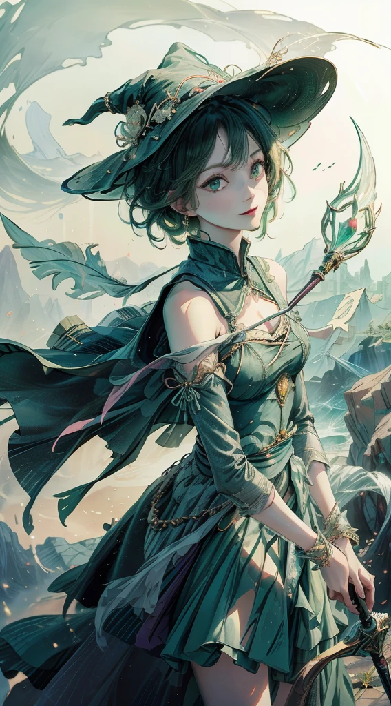 masterpiece, highest quality,1 girl, witch, (((witchの帽子))), Magical girl,green clothes, green messy hair, glowing green eyes, white skin, Slender, magic wand, Mischievous smile, High Fantasy,dreamy digital painting, magical colors and atmosphere,soft light, fantasy art,small breasts,((sideways glance)),,short,Wind Spirit,Green light