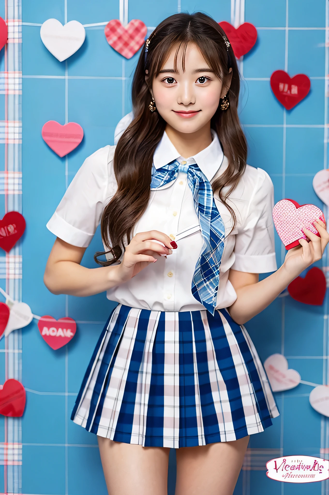 An 18-year-old high school girl wearing a super miniskirt with a light blue plaid pattern and a white dress shirt..、Hold Valentine's Day's day chocolate in both hands