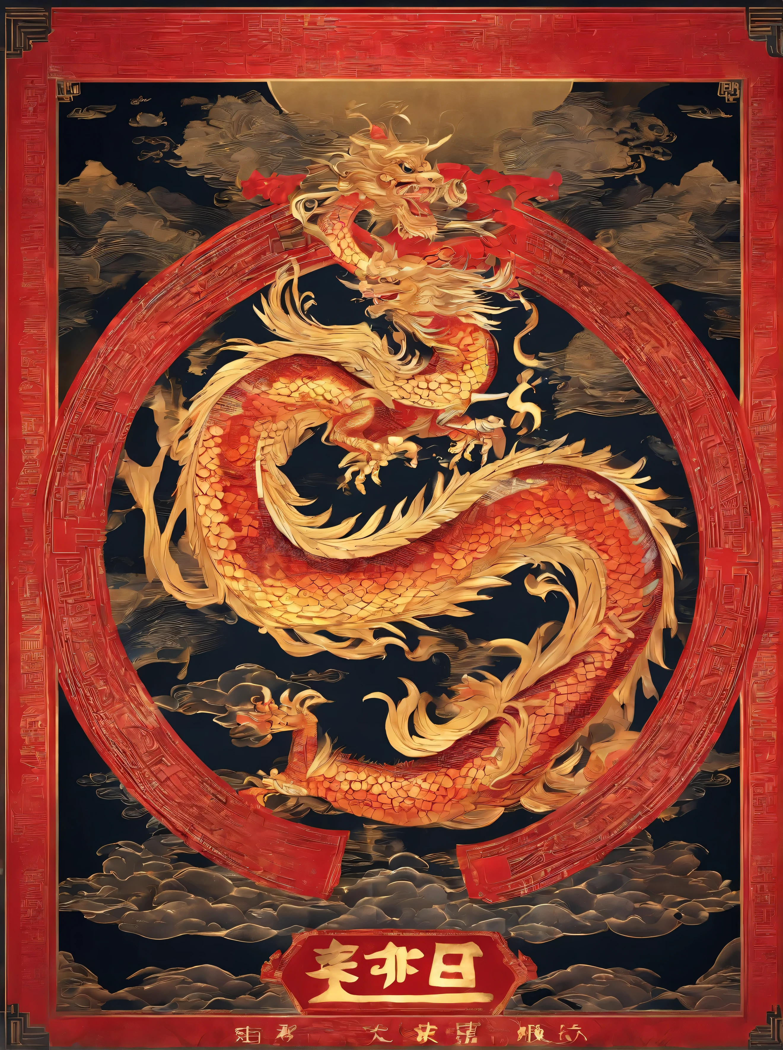 Chinese style elements,Oriental dragon image, Blessed by the Dragon,The dragon is praying,Soar into the sky, There are colorful lights everywhere, They were delighted, (high contrast), (Age of fantasy worlds), People are happily shopping, new year atmosphere, (Ray tracing, global illumination), (masterpiece:1.4), (Full of energy:1.2), normal, complicated,Rich in details, (Super detailed CG unified 8k wallpaper)