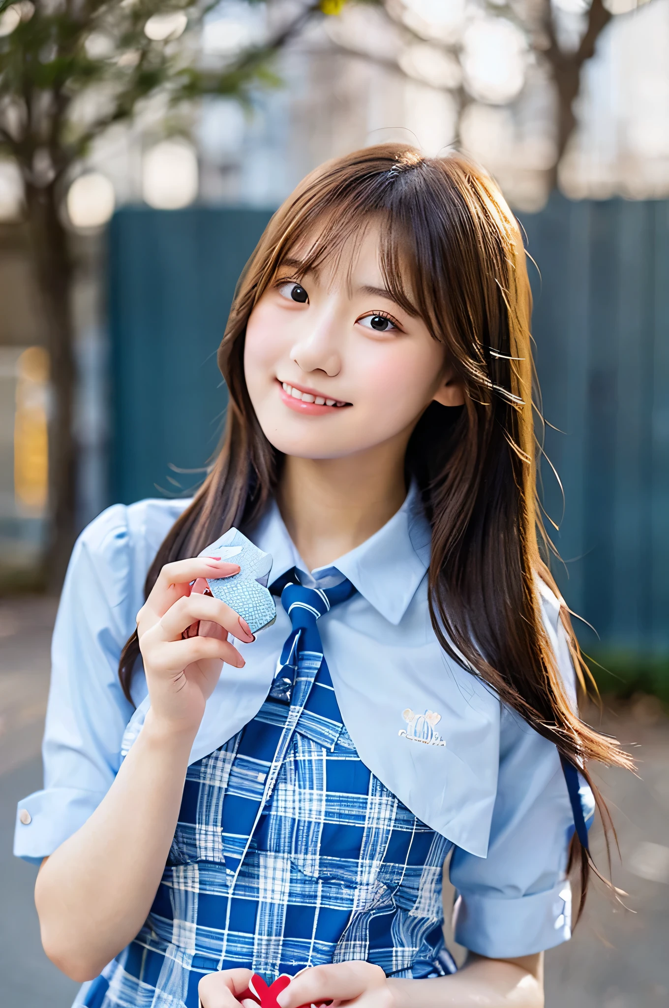 An 18-year-old high school girl wearing a light blue and blue checked miniskirt and a white dress shirt..、Hold Valentine's Day's day chocolate in both hands