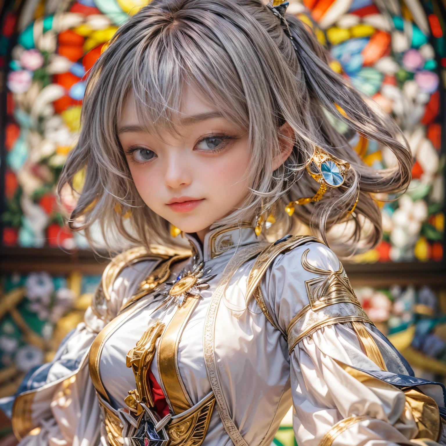 KAWAII girl in ((WHITE loose opened uniform)), with Glossy RED lips, (Exposed:0.7), (nipple:-1), { Extremely closeup | Dynamic-angle }, ((Dazzling stained glass Background)), (( colorful Light pours down from stunning elaborate stained glass:1.2)), vivid Red colors . ((Acutance:0.8, physically-based 3D rendering with Volumetric lighting)), (masterpiece:1.2), (ultra-detailed:1.35), (realistic, photorealistic, ((photo-realistic:1.37))with touch of rawness) . ((Renbutsu Misako)), (Extremely detailed KAWAII face variations, with Dynamic expressions), detailed eyes with sparkling highlights, captivating gaze, long eyelashes, subtle blush on the face, rosy cheeks, impeccable ivory skin texture . { full of flowers covering girl's body | Mystic sight | God rays | haze | Light Particle | Luminous Particle | Lens Flare | A Halo in the air | Overflowing underboob | Button Undoned } . (((Unaligned fingers:-0.9))) .