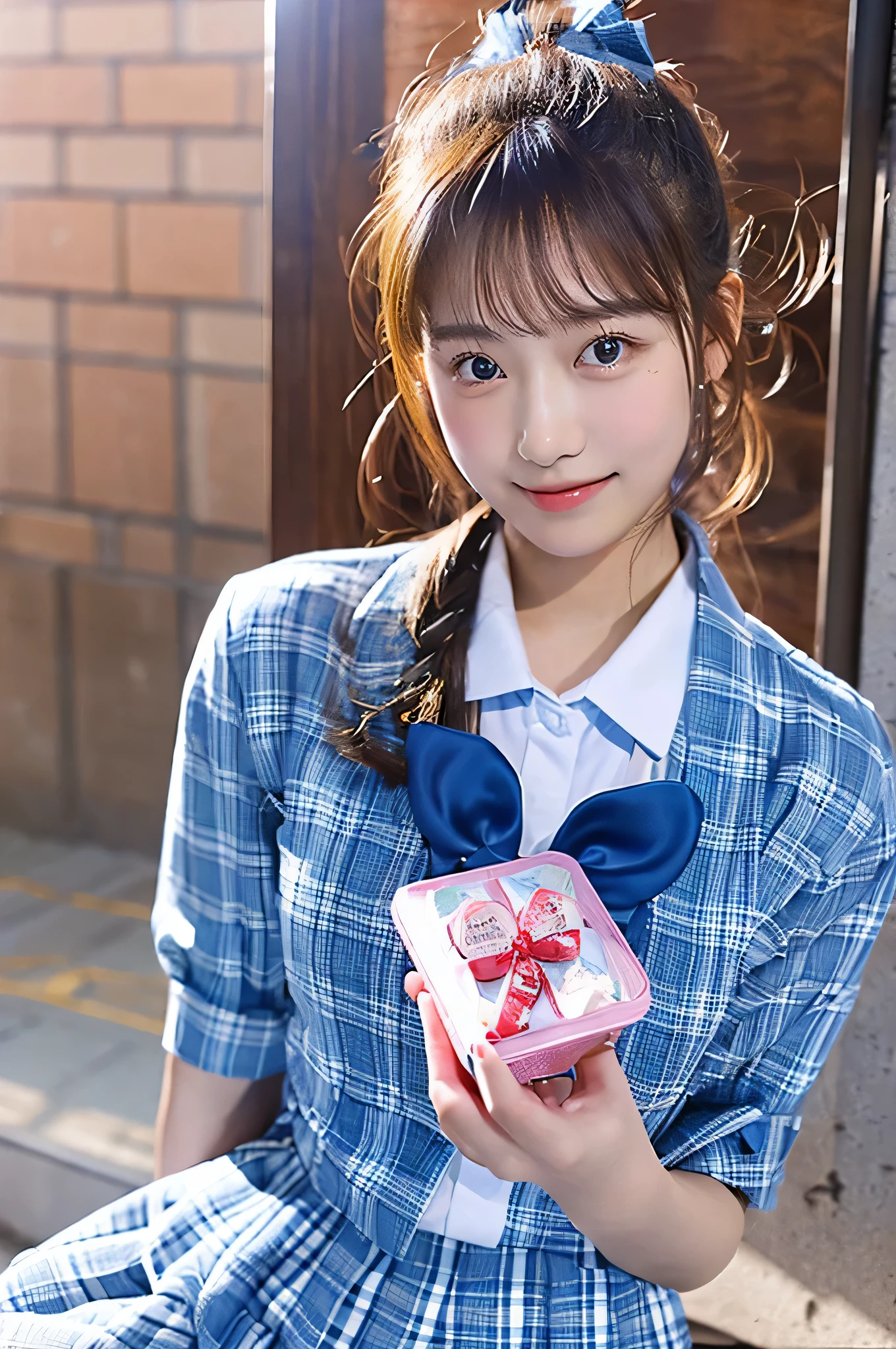 An 18-year-old high school girl wearing a light blue and blue checked miniskirt and a white dress shirt..、Hold Valentine&#39;s Day&#39;s day chocolate in both hands