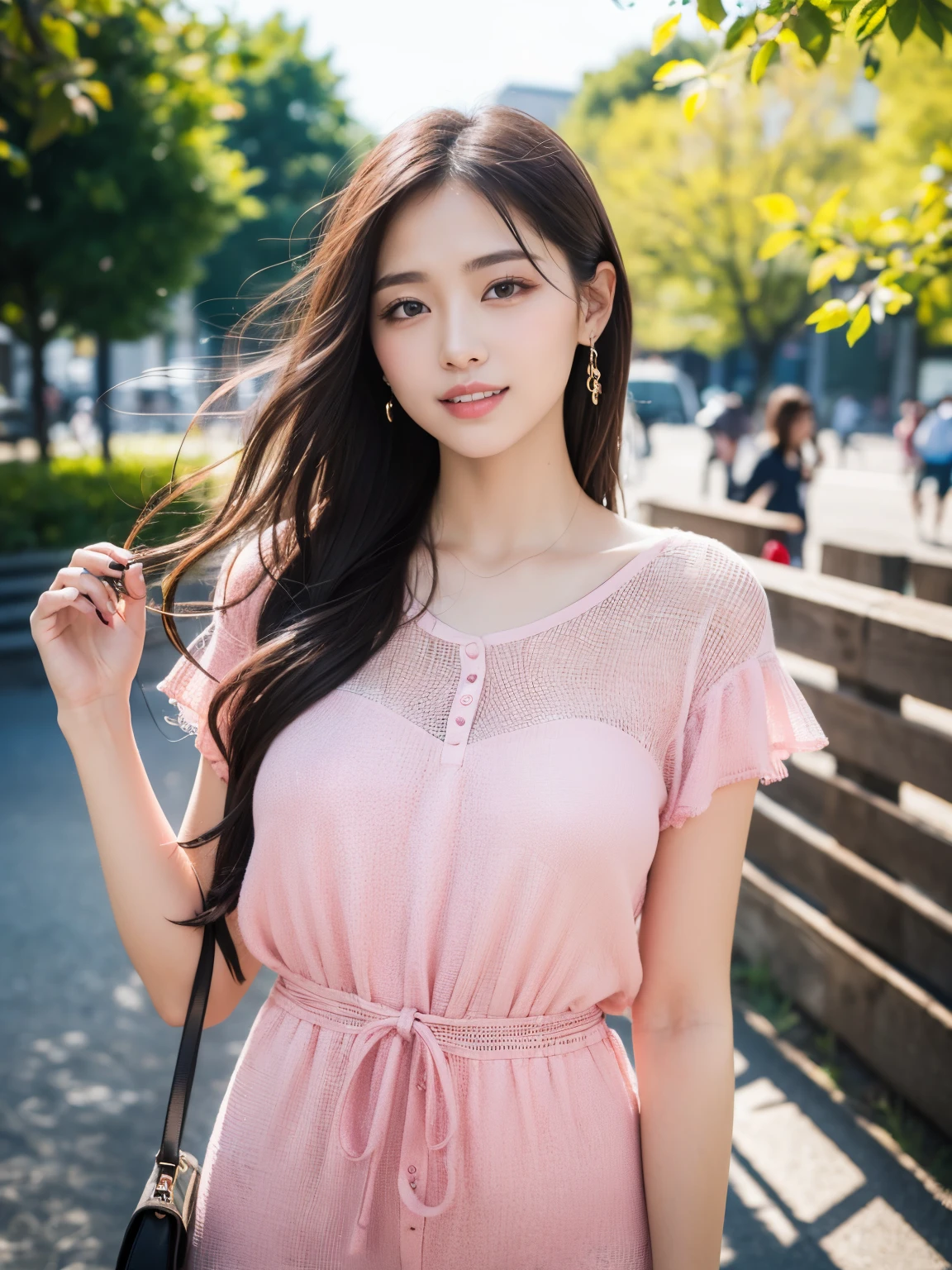 (8K,Raw photo、Raw photo、top-quality、Master masterpiece:1.2)、ultra-detailliert、Super Resolution、(Photorealsitic:1.3)、Angle to shoot from the front、Clearly draw shades of light、high resolution RAW color photos、professional photograpy、Same skin type as humans、Female proofreading of Japan from head to waist、Blur the background、Draws faithfully to anatomy、cafes、Very detailed and beautiful、Ultra-high image quality、long、Hair swaying and sexy、Very detailed beautiful girl、（Pink Eye Shadow）、smil、Plain clothe、The upper part of the body、Park on a sunny day