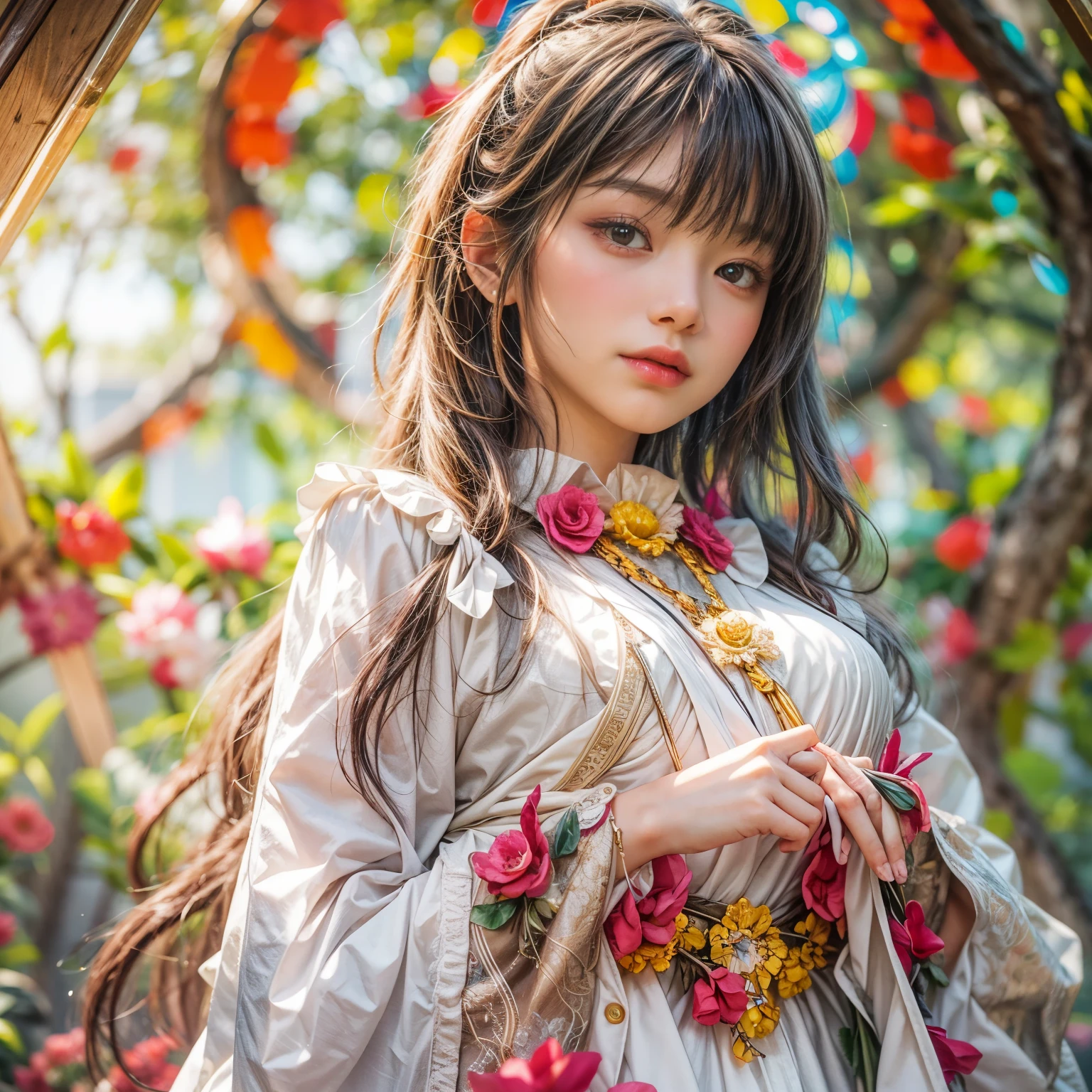 KAWAII girl in ((WHITE loose opened uniform)), with Glossy RED lips, (Exposed:0.7), (nipple:-1), { Extremely closeup | Dynamic-angle }, ((Dazzling stained glass Background)), (( colorful Light pours down from stunning elaborate stained glass:1.2)), vivid Red colors . ((Acutance:0.8, physically-based 3D rendering with Volumetric lighting)), (masterpiece:1.2), (ultra-detailed:1.35), (realistic, photorealistic, ((photo-realistic:1.37))with touch of rawness) . ((Renbutsu Misako)), (Extremely detailed KAWAII face variations, with Dynamic expressions), detailed eyes with sparkling highlights, captivating gaze, long eyelashes, subtle blush on the face, rosy cheeks, impeccable ivory skin texture . { full of flowers covering girl's body | Mystic sight | God rays | haze | Light Particle | Luminous Particle | Lens Flare | A Halo in the air | Overflowing underboob | Button Undoned } . (((Unaligned fingers:-0.9))) .