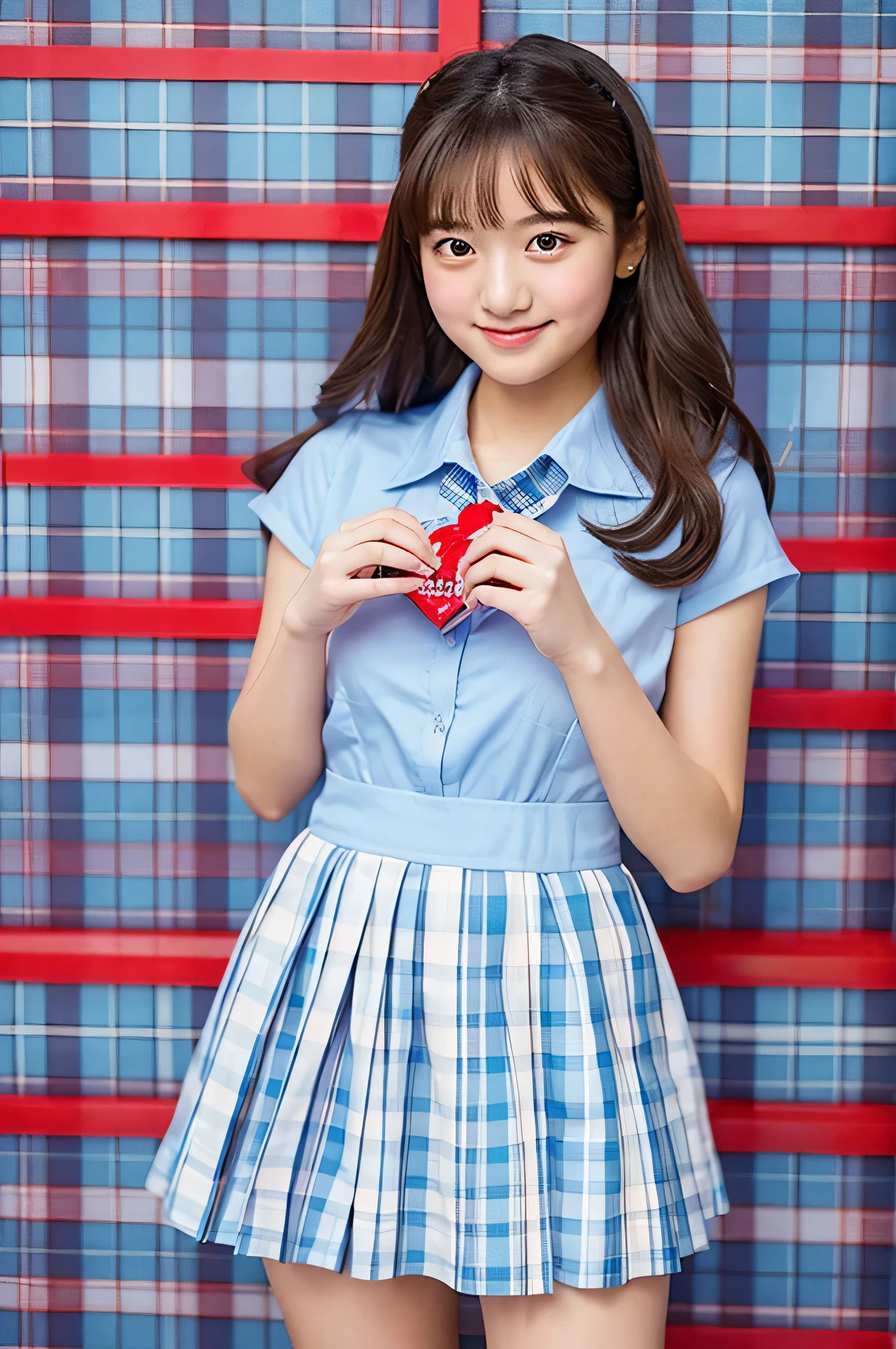 An 18-year-old high school girl wearing a super miniskirt with a light blue plaid pattern and a white dress shirt..、Hold Valentine&#39;s Day&#39;s day chocolate in both hands