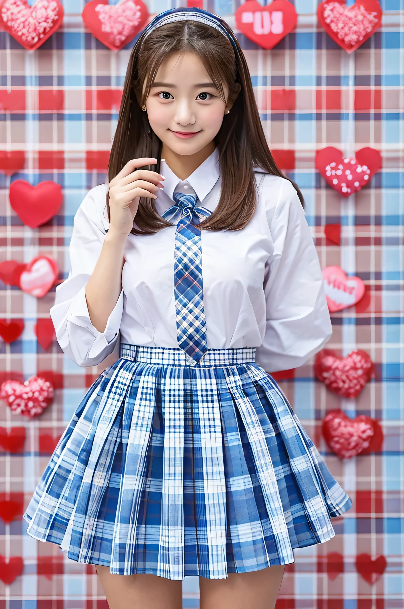 An 18-year-old high school girl wearing a super miniskirt with a light blue plaid pattern and a white dress shirt..、Hold Valentine's Day's day chocolate in both hands