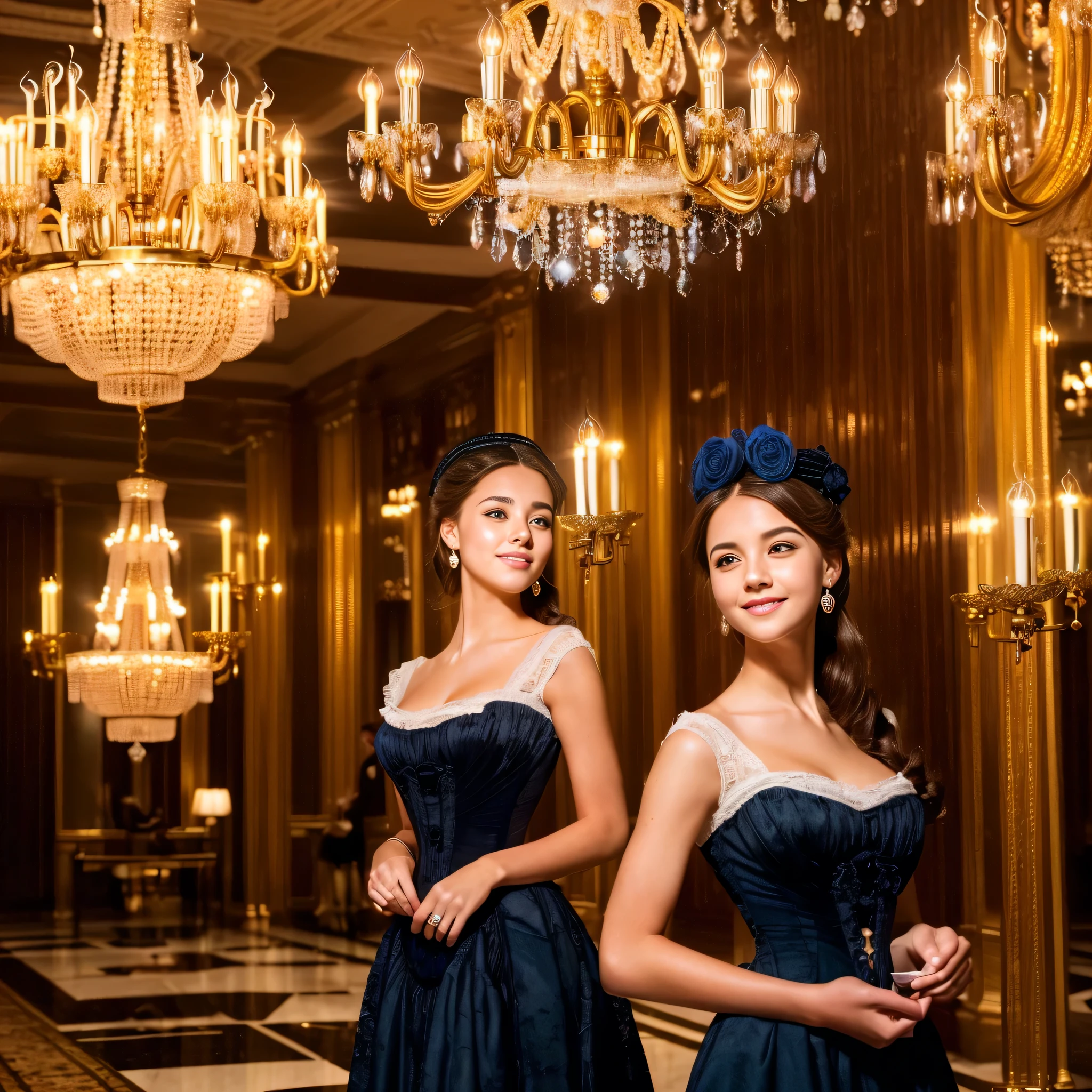 ((extremely beautiful faces, young girls, cute face, detailed face, detailed eyes, attractive feminine body)), ((8k, highly detailed:1.5, raw photo, photorealistic, full body:1.3, BIBC)), Award Winning Photograph, extremely beautiful faces, cute smile, ((Victorian made line up, side shot:1.3)), smile, looking at viewer, (embarraced:1.2), cleavage, ((Inside royal hotel lobby, dark, chandelier, candles))