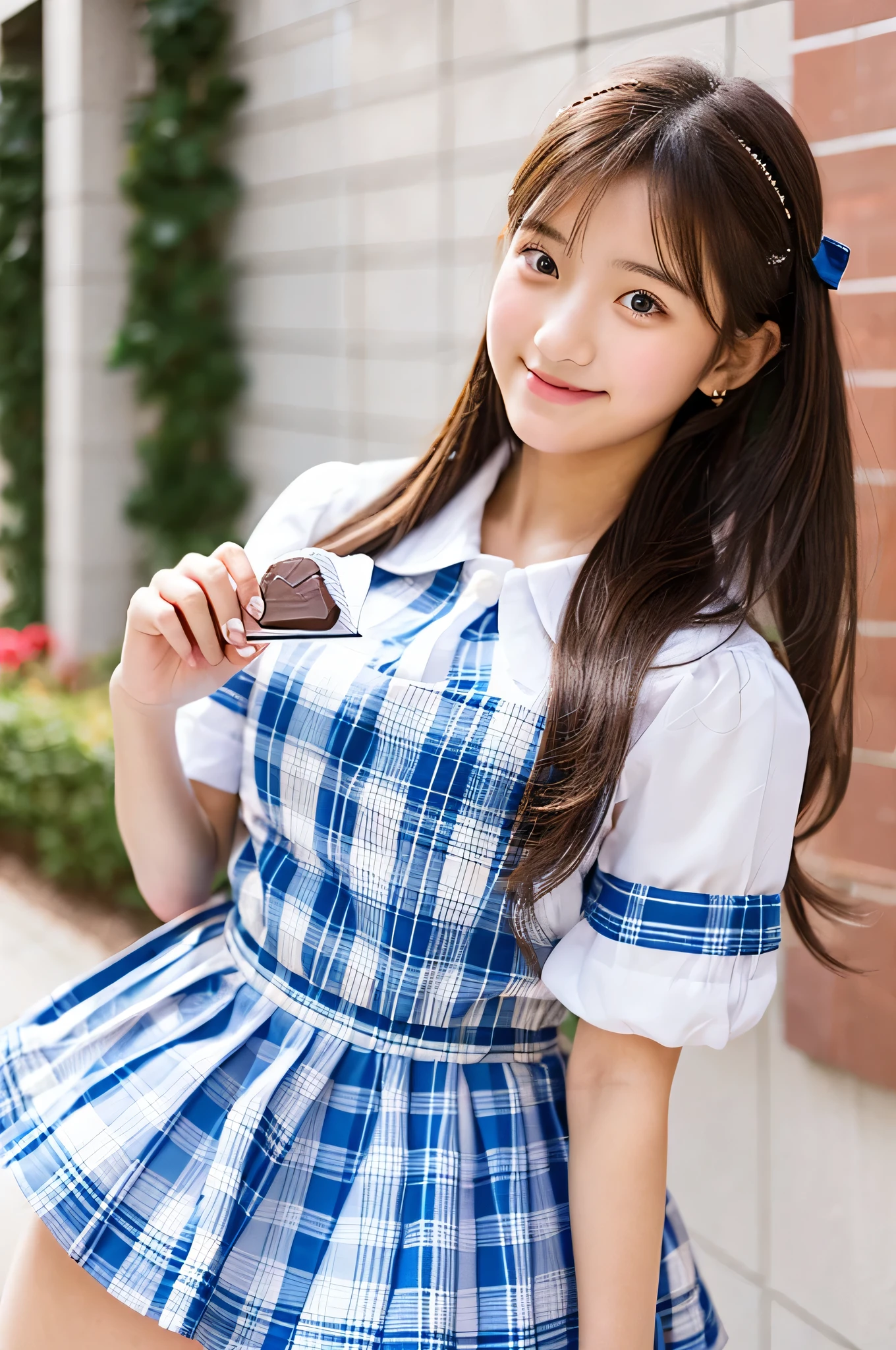 An 18-year-old high school girl wearing a super miniskirt with a light blue plaid pattern and a white dress shirt..、Hold Valentine's Day's day chocolate in both hands