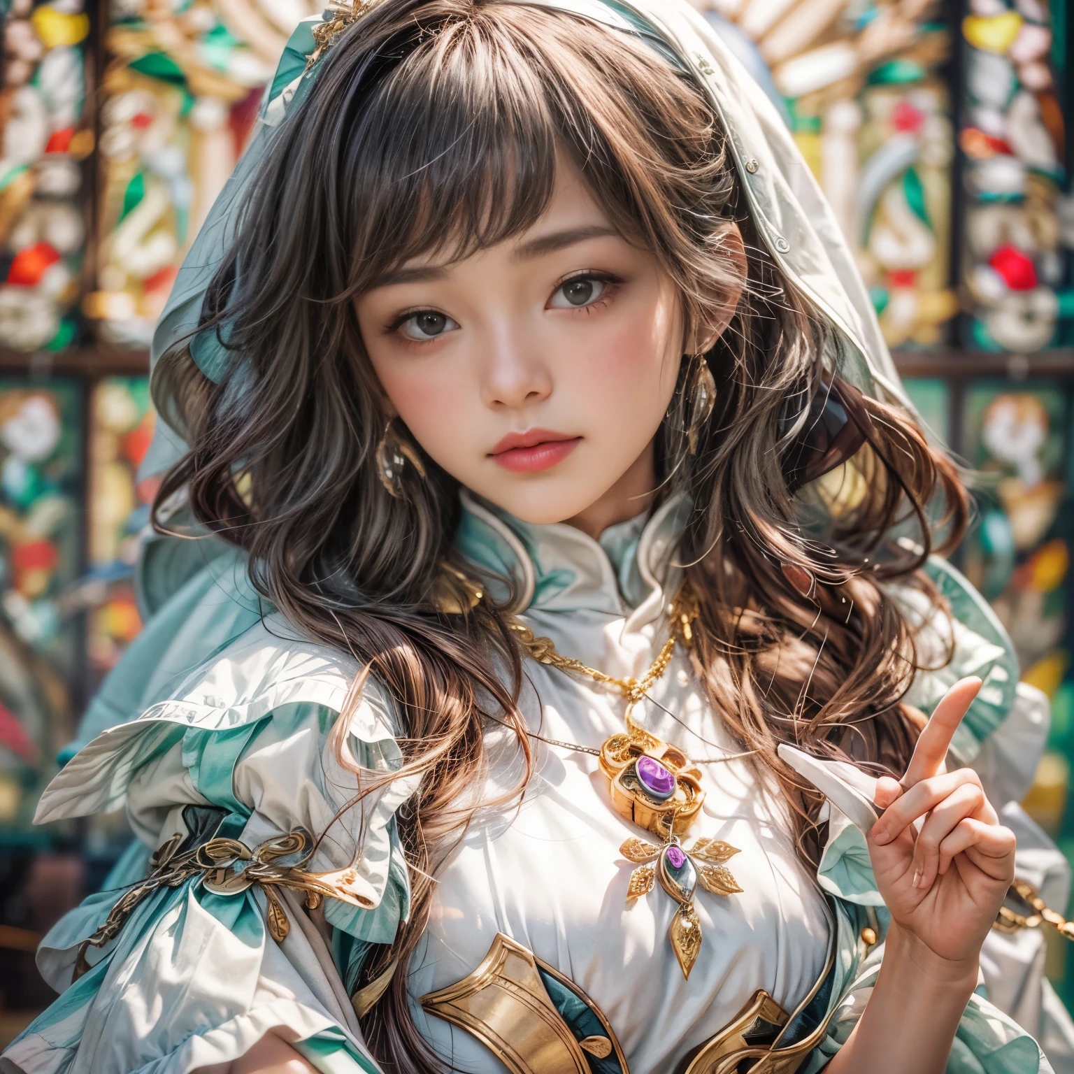 KAWAII girl in ((WHITE loose opened uniform)), with Glossy RED lips, (Exposed:0.7), (nipple:-1), { Extremely closeup | Dynamic-angle }, ((Dazzling stained glass Background)), (( colorful Light pours down from stunning elaborate stained glass:1.2)), vivid Red colors . ((Acutance:0.8, physically-based 3D rendering with Volumetric lighting)), (masterpiece:1.2), (ultra-detailed:1.35), (realistic, photorealistic, ((photo-realistic:1.37))with touch of rawness) . ((Renbutsu Misako)), (Extremely detailed KAWAII face variations, with Dynamic expressions), detailed eyes with sparkling highlights, captivating gaze, long eyelashes, subtle blush on the face, rosy cheeks, impeccable ivory skin texture . { full of flowers covering girl's body | Mystic sight | God rays | haze | Light Particle | Luminous Particle | Lens Flare | A Halo in the air | Overflowing underboob | Button Undoned } . (((Unaligned fingers:-0.9))) .