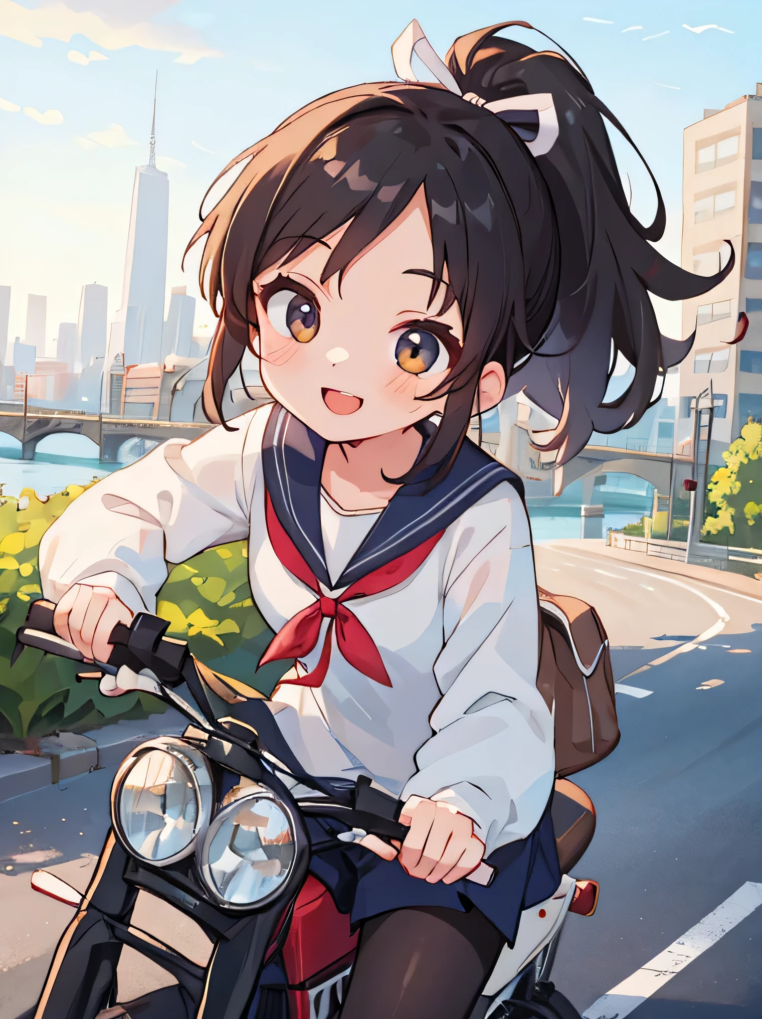 (8K、RAW photo、highest quality)、detailed background、beautiful and detailed face、beautiful and smooth skin、skin texture、professional lighting、Cute beautiful Iful Girl、Cute character wearing a sailor suit.、
The costume is an elegant dress with a sailor collar and ribbon..、Sexy Pantyhose、Cute Ponytail、
Ride around town on a road bike、You can achieve speed even in the city.、You can also enjoy the view of the city..。skyscrapers and beautiful architecture、Park and riverside scenery、Enjoy the charm of the city while driving.。smile