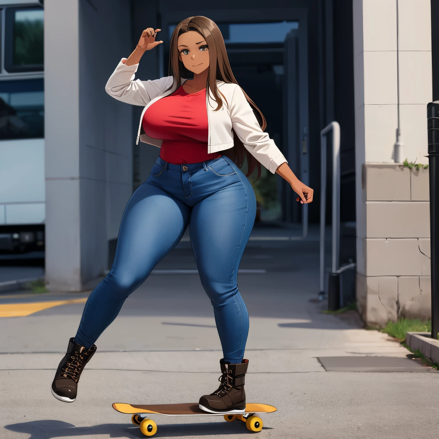 Beautiful brown skin woman, she has brunette layered long hair, she is wearing basic tee + moto jacket + skinny jeans + combat boots, she is skateboarding, thick thighs, hourglass figure, big breasts