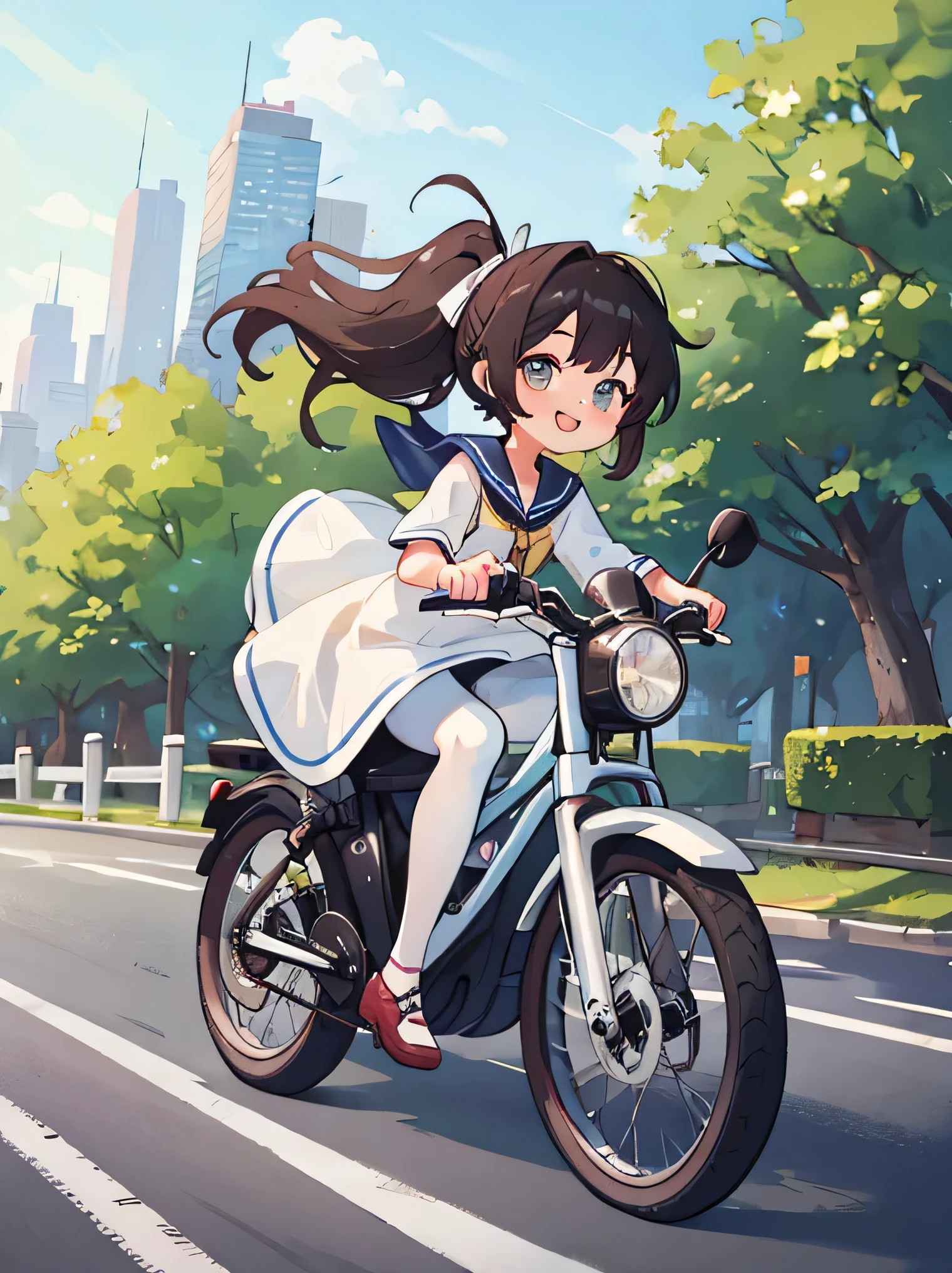 (8K、RAW photo、highest quality)、detailed background、beautiful and detailed face、beautiful and smooth skin、skin texture、professional lighting、Cute beautiful Iful Girl、Cute character wearing a sailor suit.、
The costume is an elegant dress with a sailor collar and ribbon..、Sexy Pantyhose、Cute Ponytail、
Ride around town on a road bike、You can achieve speed even in the city.、You can also enjoy the view of the city..。skyscrapers and beautiful architecture、Park and riverside scenery、Enjoy the charm of the city while driving.。smile