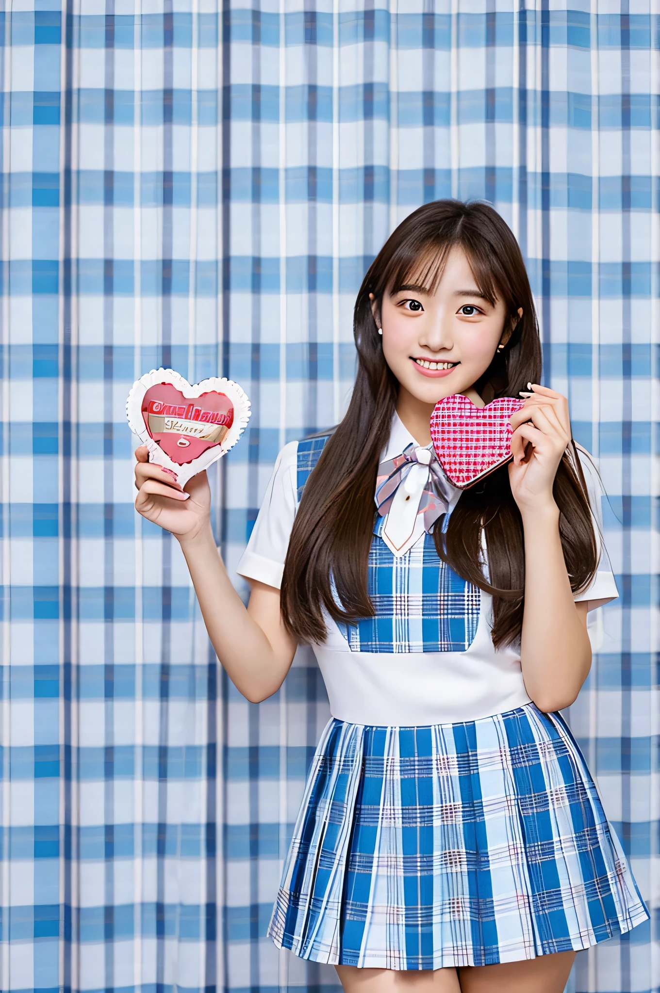 An 18-year-old high school girl wearing a super miniskirt with a light blue plaid pattern and a white dress shirt..、Hold Valentine's Day's day chocolate in both hands
