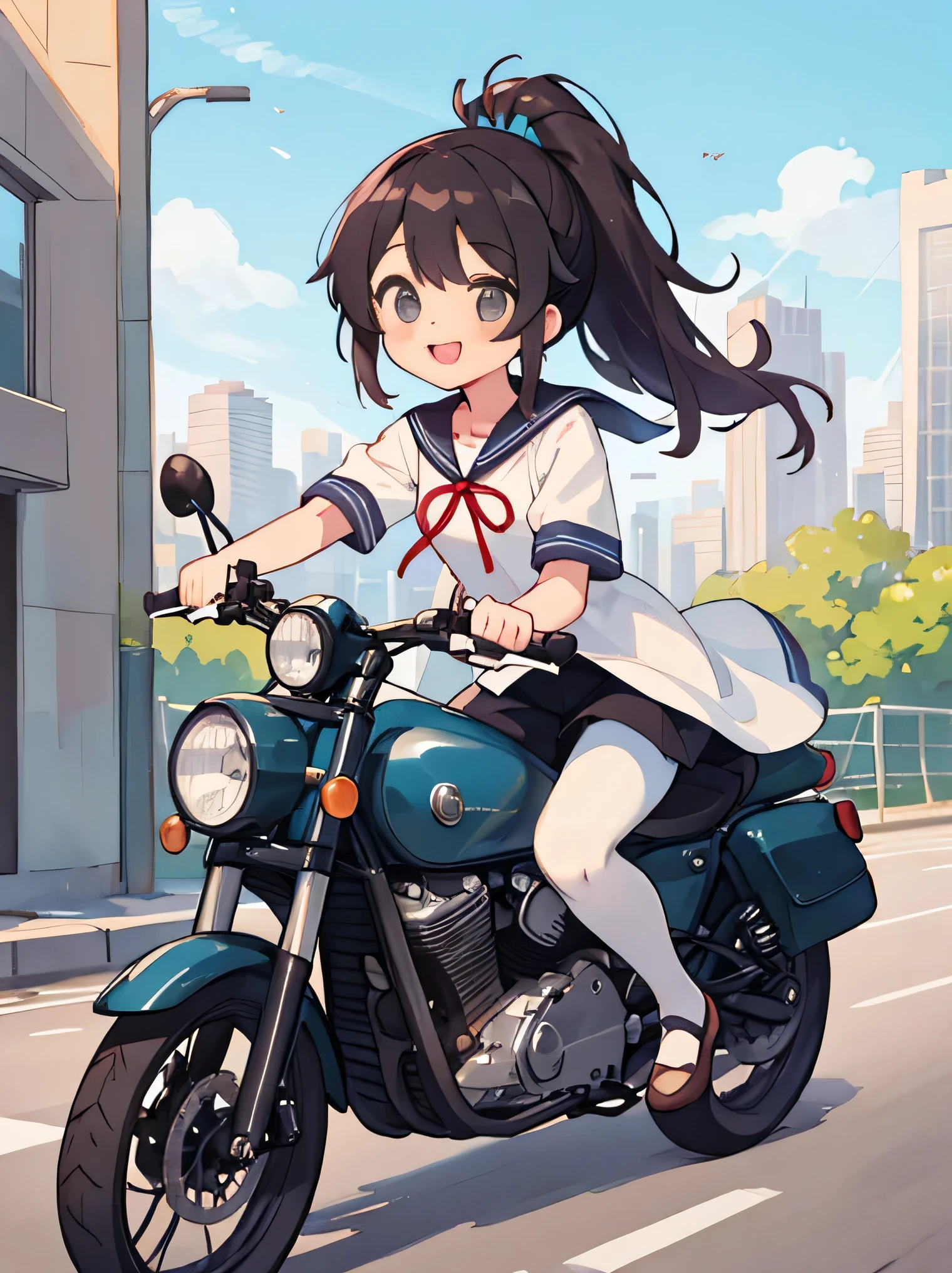 (8K、RAW photo、highest quality)、detailed background、beautiful and detailed face、beautiful and smooth skin、skin texture、professional lighting、Cute beautiful Iful Girl、Cute character wearing a sailor suit、Coming to school、
The costume is an elegant dress with a sailor collar and ribbon..、white knee high socks、Cute Ponytail、
Let's ride around town on a cool bike、Can drive at high speed even in the city, So that you can enjoy the view of the city.、skyscrapers and beautiful architecture、Park and riverside scenery、Enjoy the charm of the city while driving.。smile