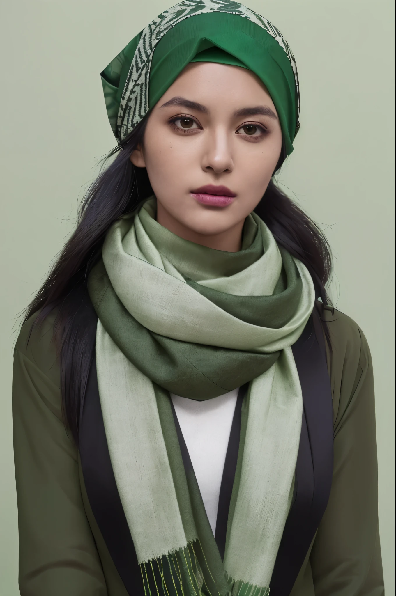 arafed woman wearing a green shirt and a green neck scarf, scarf, collar around neck, head scarf, choker around neck, bandana, h 7 0 4, olive green, ( ( dark green, wearing a scarf, casual green clothing, 2 0 2 0 fashion, patterned scarf, dark green, collar on neck, h 576, h 7 6 8