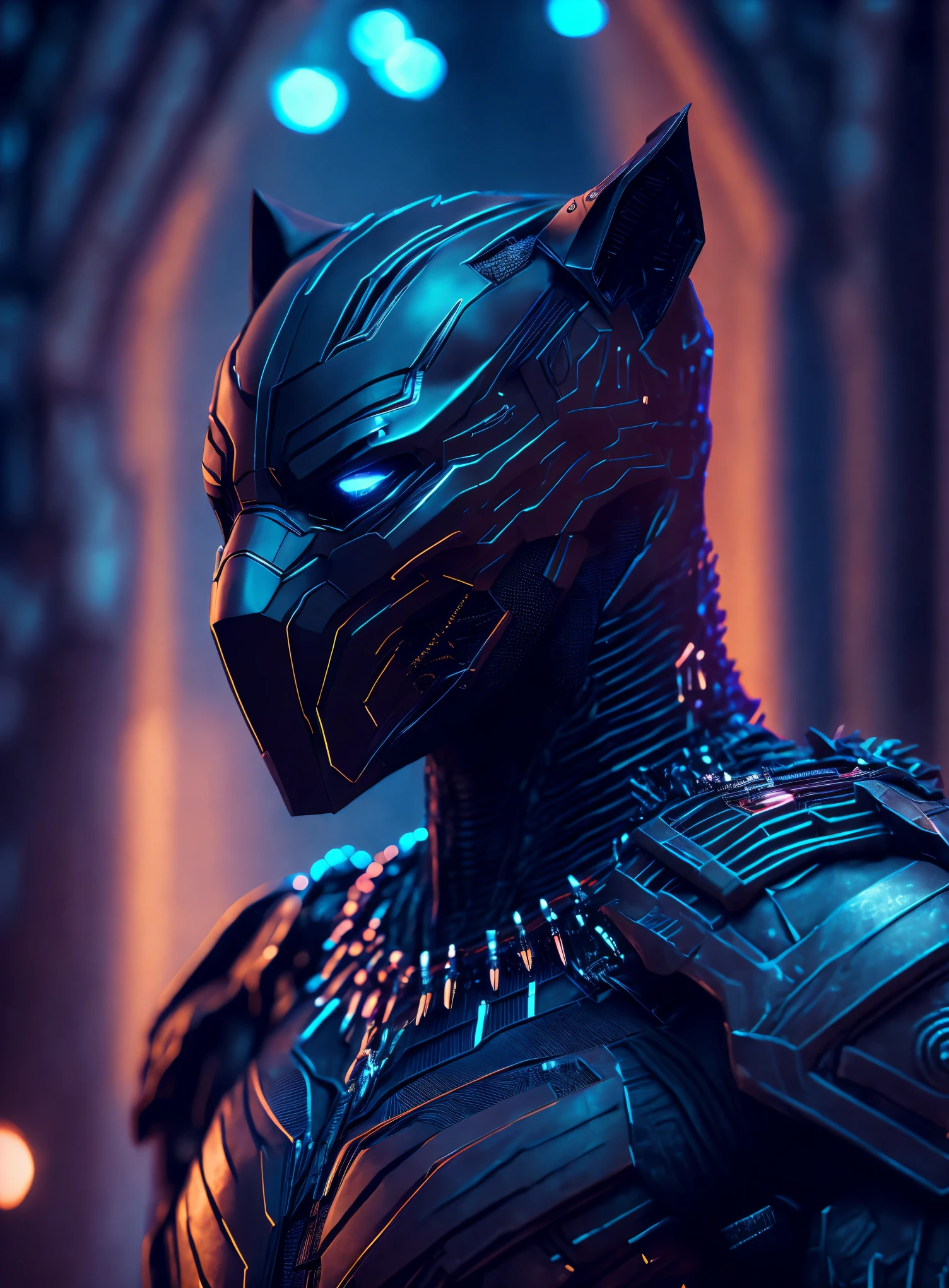somber portrait of Terminator Black Panther from Marvel with intricate angular cybernetic implants inside a brutalist building, gothic brutalist cathedral, cyberpunk, award-winning photo, bokeh, neon lights, cybernetic limb