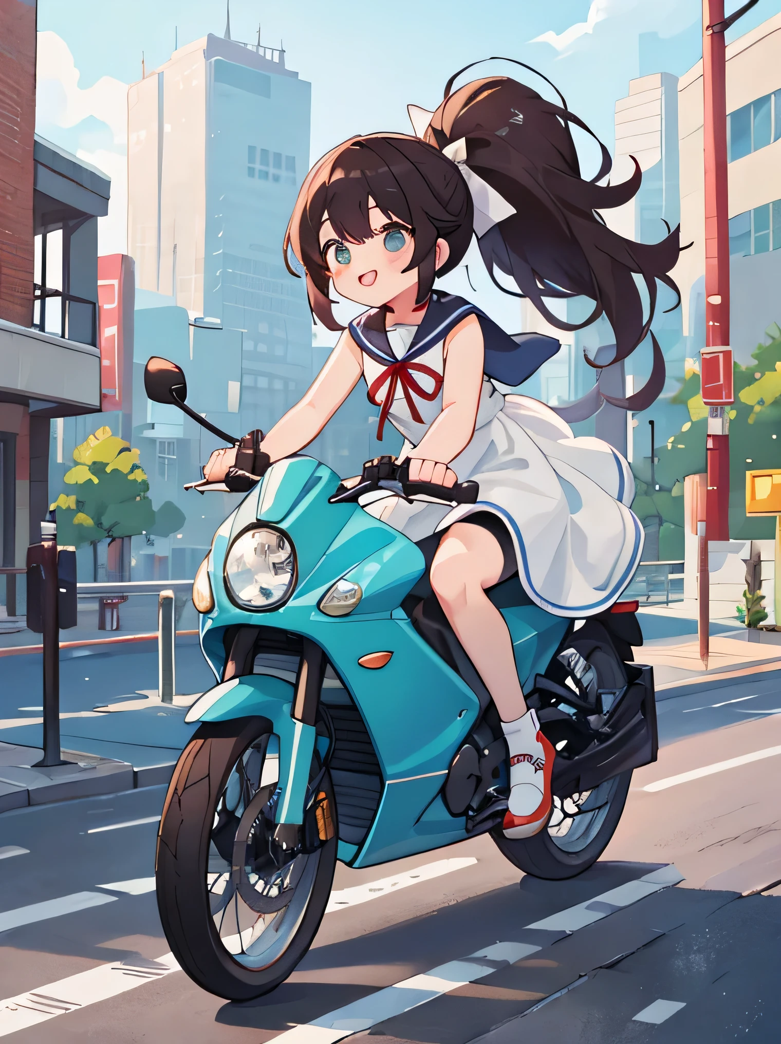 (8K、RAW photo、highest quality)、detailed background、beautiful and detailed face、beautiful and smooth skin、skin texture、professional lighting、Cute beautiful Iful Girl、Cute character wearing a sailor suit.、
The costume is an elegant dress with a sailor collar and ribbon..、Sexy Pantyhose、Cute Ponytail、
Ride around town on a road bike、You can achieve speed even in the city.、You can also enjoy the view of the city..。skyscrapers and beautiful architecture、Park and riverside scenery、Enjoy the charm of the city while driving.。smile