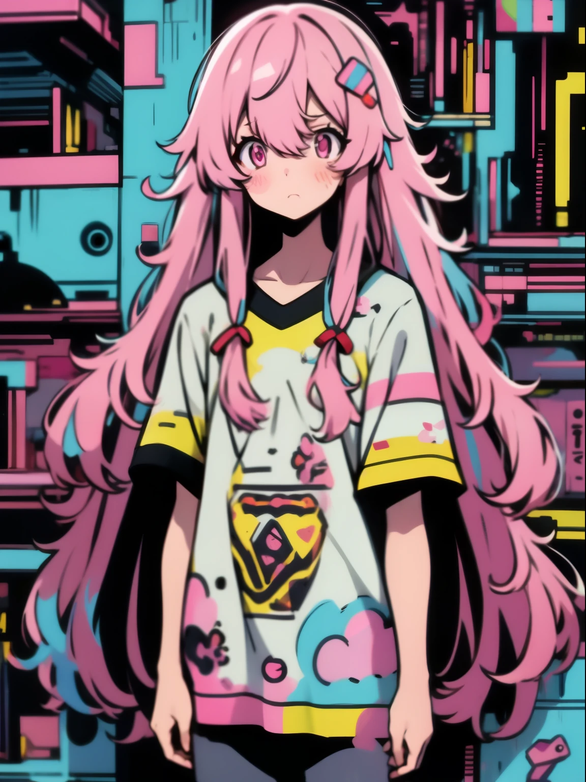 hightquality、neon color palette、high-level image quality、Kawaii Girl、Unprecedented amount of drawing、anime styled、Geometric pattern background、sticker style、slong hair、pink hair、violet eyes, messy hair, menhera, bandages, loose clothing, baggy t-shirt, self harm, guro, dark, depressed, eye bags, heavy eyes, pink eyes