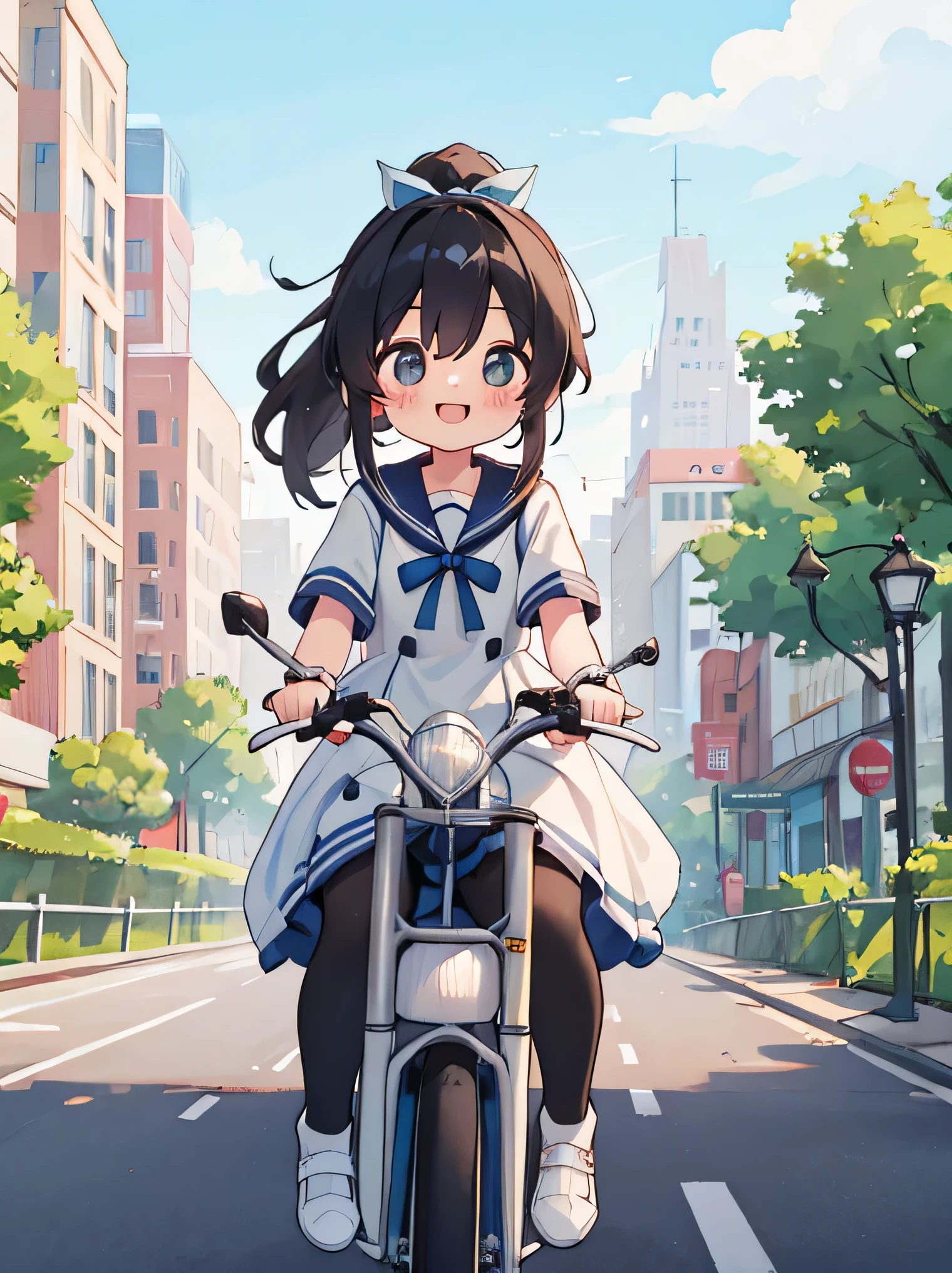 (8K、RAW photo、highest quality)、detailed background、beautiful and detailed face、beautiful and smooth skin、skin texture、professional lighting、Cute beautiful Iful Girl、Cute character wearing a sailor suit.、
The costume is an elegant dress with a sailor collar and ribbon..、Sexy Pantyhose、Cute Ponytail、
Ride around town on a road bike、You can achieve speed even in the city.、You can also enjoy the view of the city..。skyscrapers and beautiful architecture、Park and riverside scenery、Enjoy the charm of the city while driving.。smile