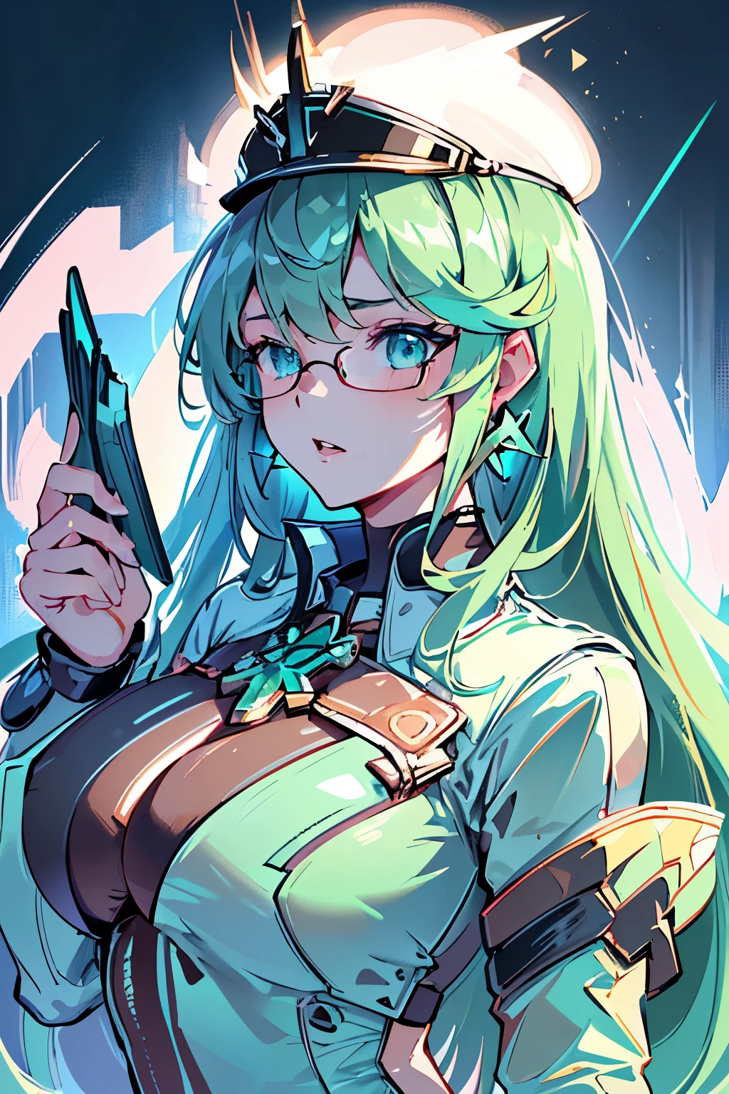 Anime, Girl, (((1girl))), (((Waifu, Xenoblade Chronicles 2, Pneuma Waifu))), (((Seafoam Green Hair, Long Hair))), ((Seafoam Green Eyes eyes:1.3, Upturned Eyes: 1, Perfect Eyes, Beautiful Detailed Eyes, Gradient eyes: 1, Finely Detailed Beautiful Eyes: 1, Symmetrical Eyes: 1, Big Highlight On Eyes: 1.2)), (((Lustrous Skin: 1.5, Bright Skin: 1.5, Skin Fair, Shiny Skin, Very Shiny Skin, Shiny Body, Plastic Glitter Skin, Exaggerated Shiny Skin, Illuminated Skin))), (Detailed Body, (Detailed Face)), Young, Idol Pose, (Best Quality), ((((Techwear))), (((Military Uniform))), (((Military Cap))), (((Military Coat))), (((Thigh-high Heeled Boots))), (((Reading Glasses))), (((Earrings)))) High Resolution, Sharp Focus, Ultra Detailed, Extremely Detailed, Extremely High Quality Artwork, (Realistic, Photorealistic: 1.37), 8k_Wallpaper, (Extremely Detailed CG 8k), (Very Fine 8K CG), ((Hyper Super Ultra Detailed Perfect Piece)), (((Flawlessmasterpiece))), Illustration, Vibrant Colors, (Intricate), High Contrast, Selective Lighting, Double Exposure, HDR (High Dynamic Range), Post-processing, Background Blur